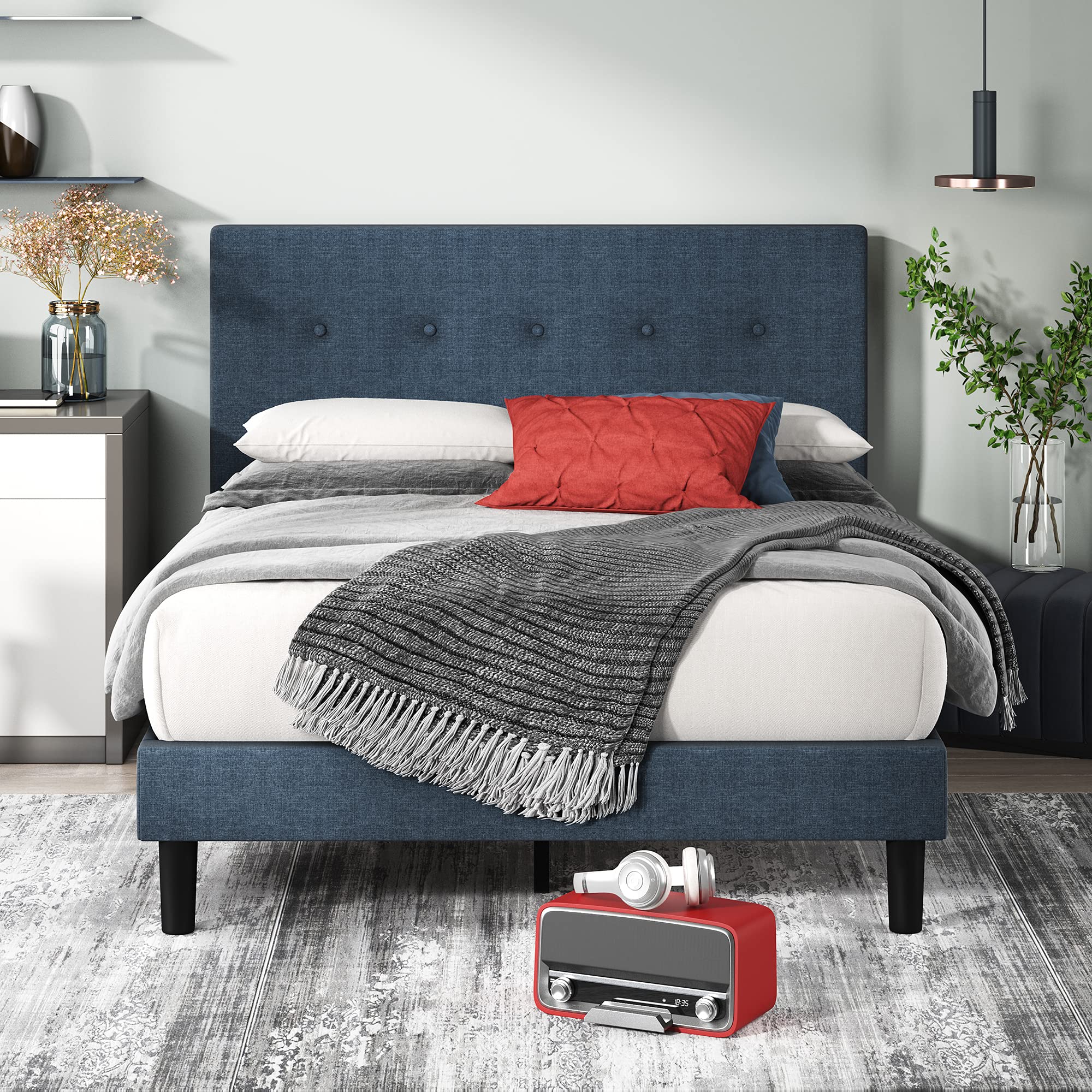 Zinus Omkaram Upholstered Platform Bed Frame, Mattress Foundation, Wood Slat Support, No Box Spring Needed, Easy Assembly, King, Navy