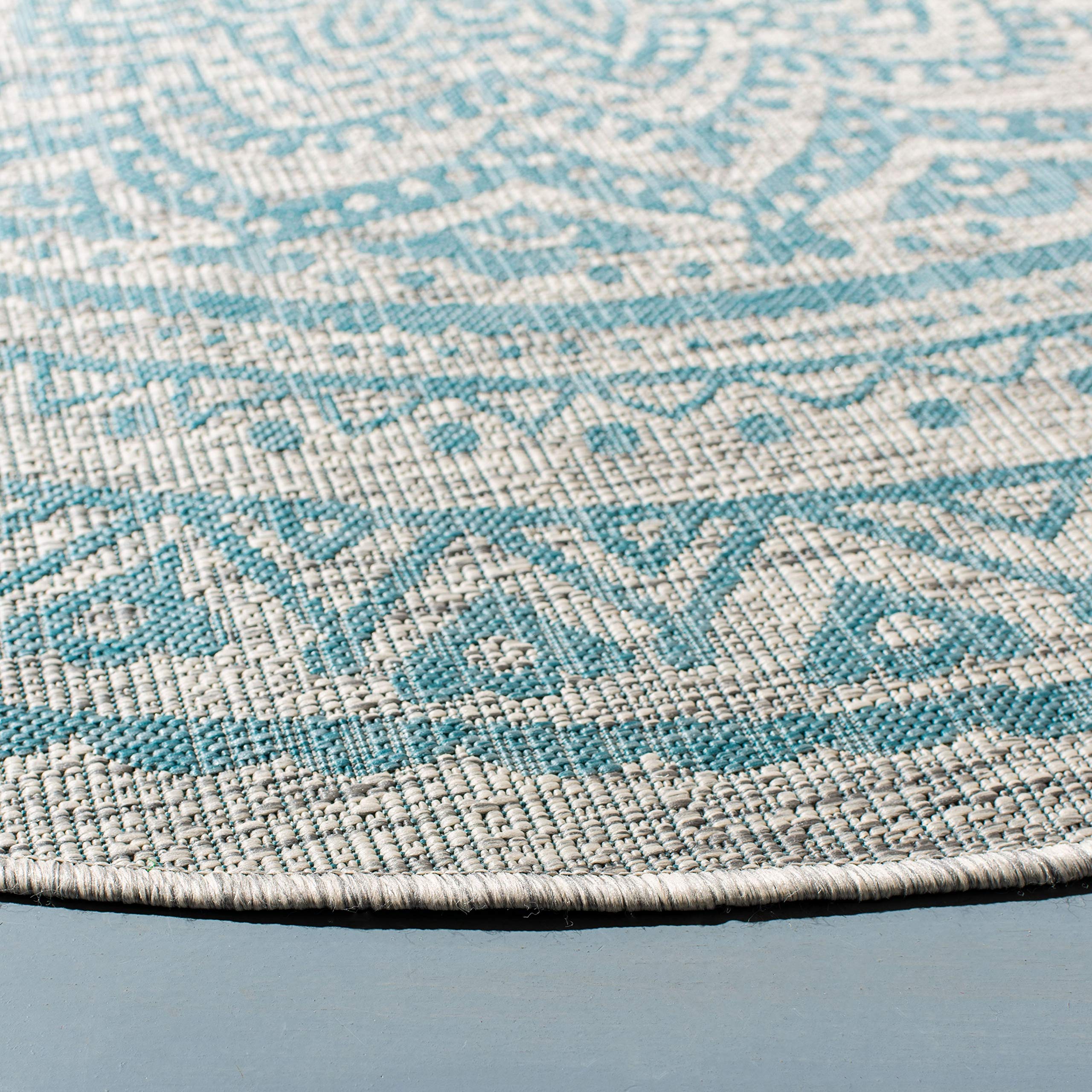 Safavieh Courtyard Collection 9' Round Light Grey / Aqua Cy8734 Indoor/ Outdoor Waterproof Easy Cleaning Patio Backyard Mudroom Area Rug