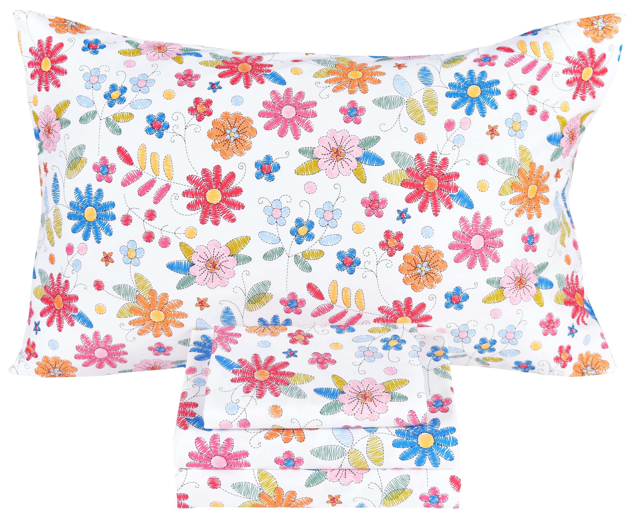 Scientific Sleep Cartoon Floral Flowers 100% Cotton 4 Pcs Full Bed Sheet Set Kids Toddler Teen, Flat Sheet & Fitted Sheet & Pill