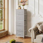 Wlive Fabric Dresser, 5-Drawer Tall Dresser For Bedroom, Storage Dresser Organizer With Fabric Bins, Wood Top, Sturdy Steel Frame, Chest Of Drawers For Closet, Hallway, Light Grey