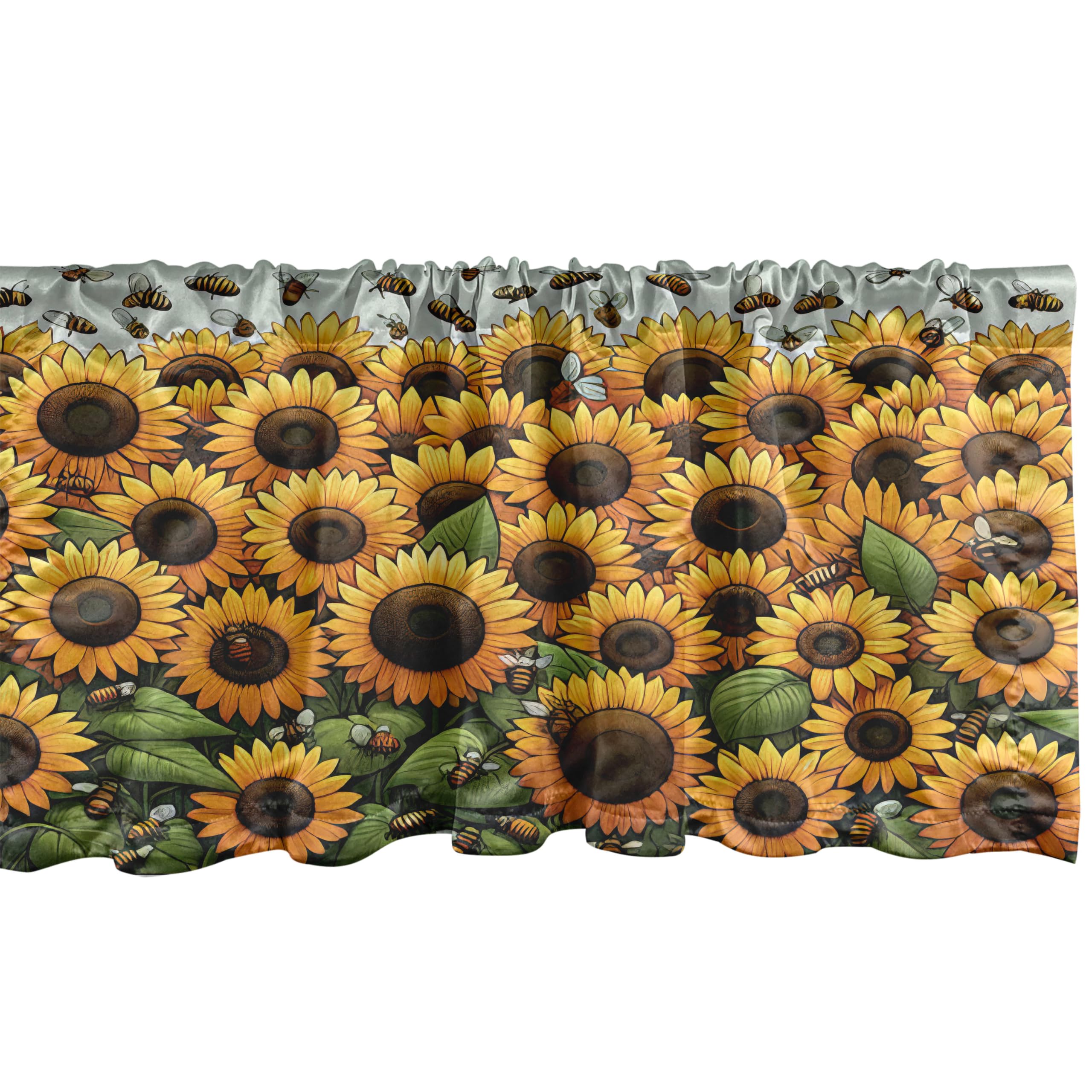 Ambesonne Sunflowers Window Valance Pack Of 2, Summertime Inspired Farmhouse Floral Huddle With Leaves And Bees Print, Rod Pocket Curtain Valances Kitchen Bedroom, 54' X 12',Mustard Reseda Green