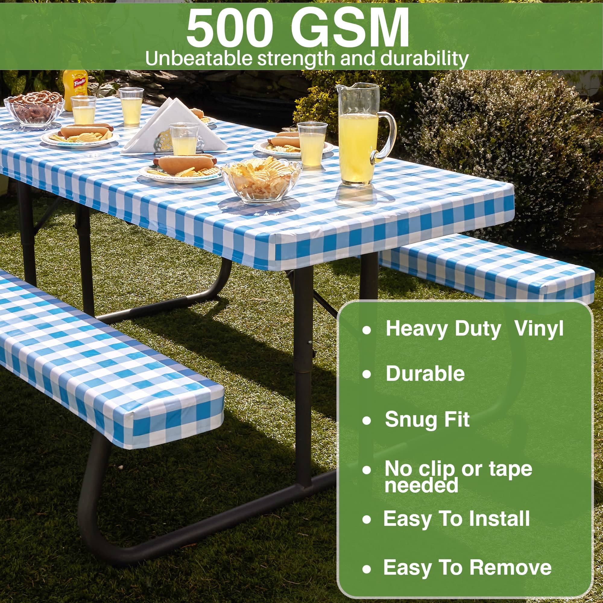 Hudson Comfort Picnic Table Cover With Bench Covers – 500 Gsm Reusable Heavy Duty Vinyl Outdoor Table Cover - Waterproof Picnic Tablecloth With Carry Case (Blue, 72X30 Inch) (6 Feet Long)