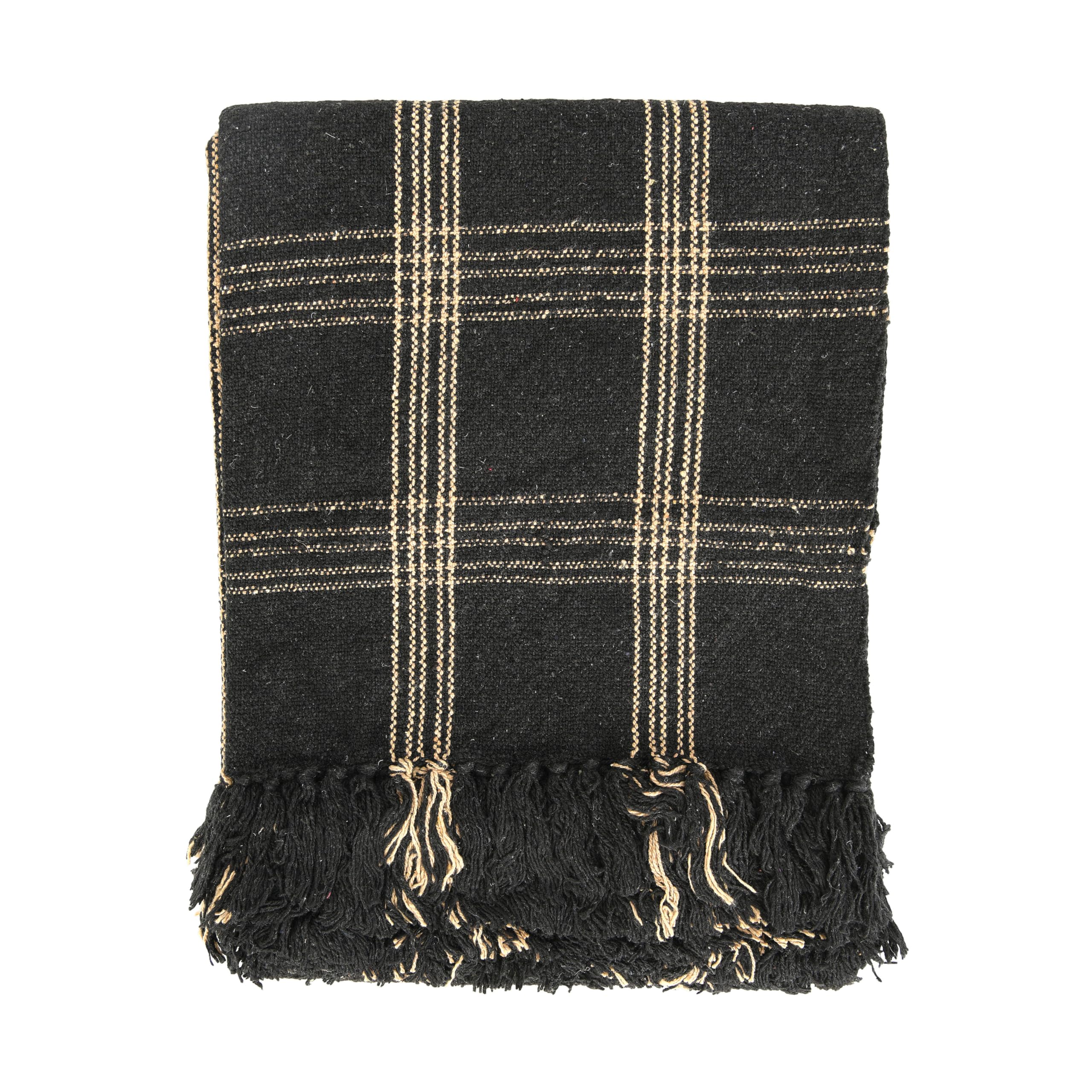 Creative Co-Op Plaid Black & Tan Fringed Woven Cotton Blend Throw 60 Inch X50