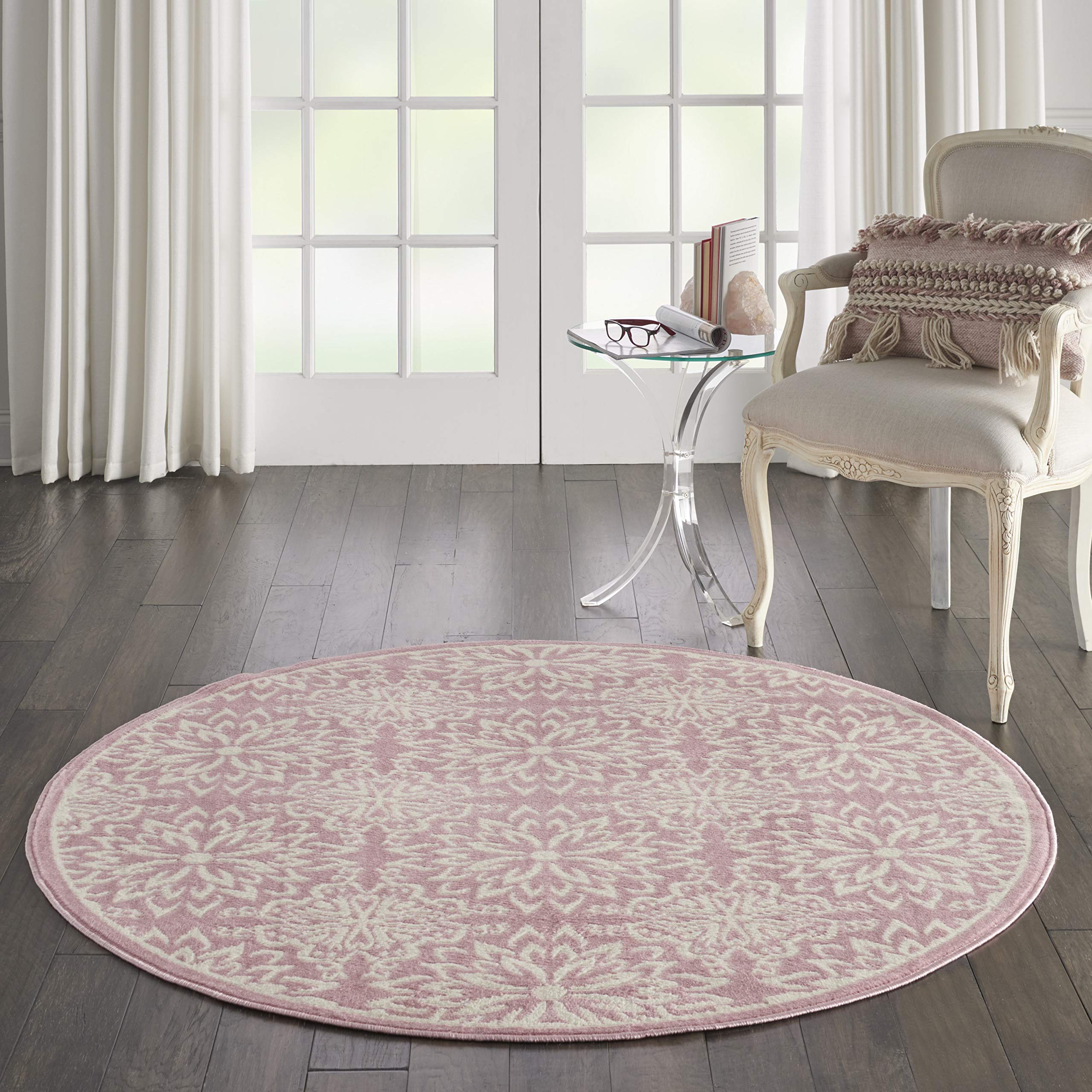 Nourison Jubilant Floral Ivory/Pink 53 x Round Area-Rug, Easy-Cleaning, Non Shedding, Bed Room, Living Room, Dining Room, Kit