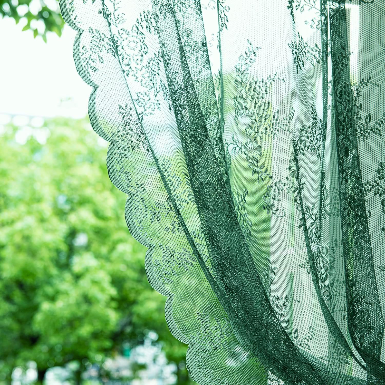 Deeprove Dark Emerald Green Lace Sheer Curtains 84 Inches Long 2 Panels Set, Hunter Florals Vintage Window Treatment Xmas Christ