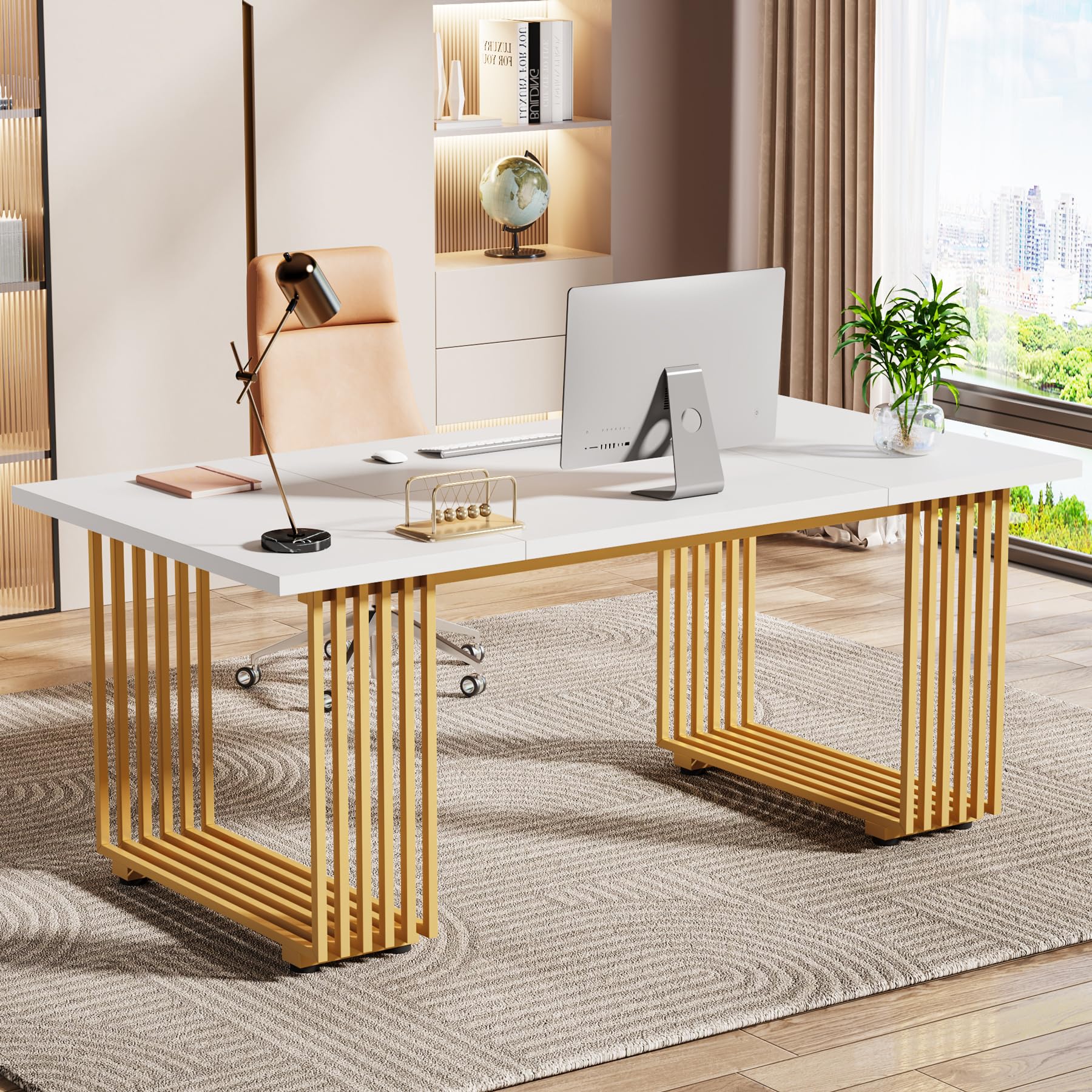 Tribesigns 70.9' Modern Office Desk, Wooden Computer Desk, White Executive Desk With Gold Metal Legs, Large Workstation For Home Office, Study Writing Desk, Small Conference Table For Meeting Room