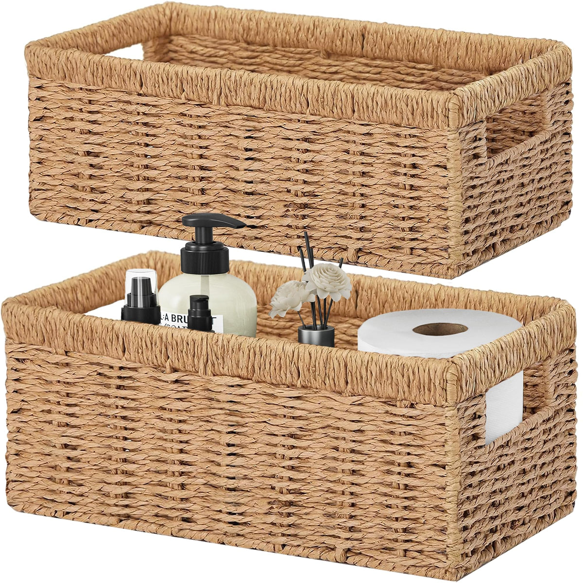 Vagusicc Wicker Storage Basket, Set of 2 HandWoven Paper Rope Wicker Baskets for Organizing Decor Storage Bins for Counter Shel