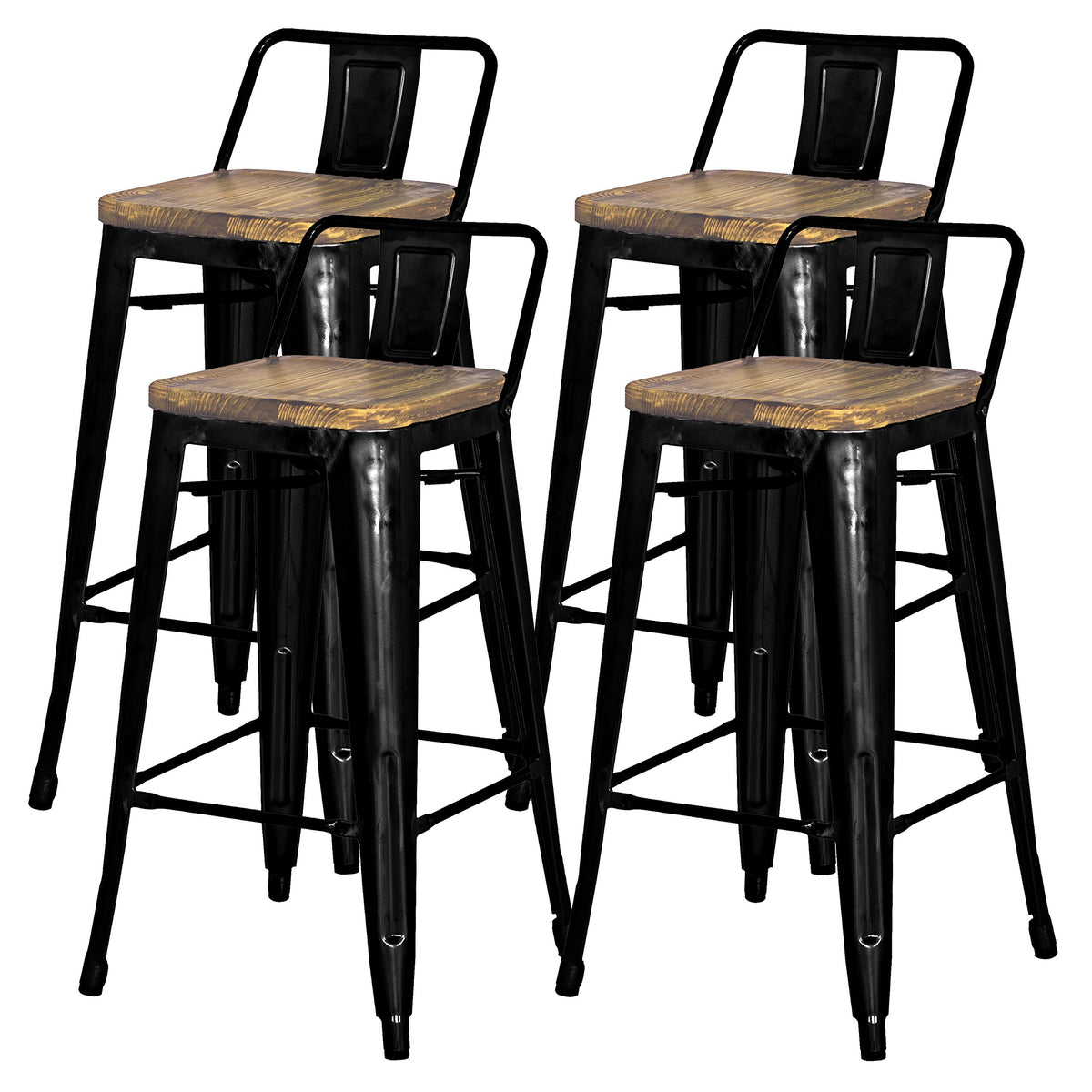 New Pacific Direct Metropolis Metal Low Back Bar Stool 30&quot; Wood Seat,Indoor/Outdoor Ready,Black,Set Of 4