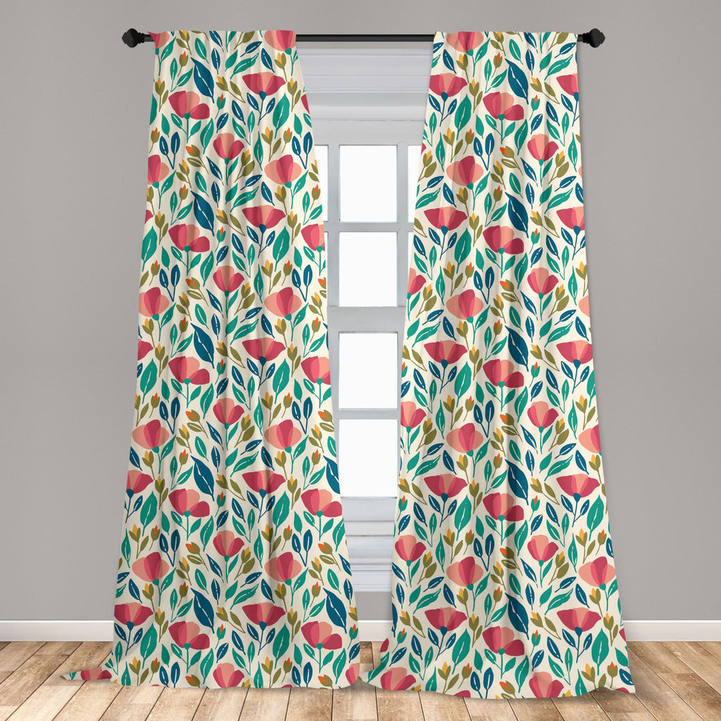 Ambesonne Poppy Flower Curtains, Colorful Spring Garden With Abstract Leaves Sprouts And Petals Nature Beauty, Window Treatments