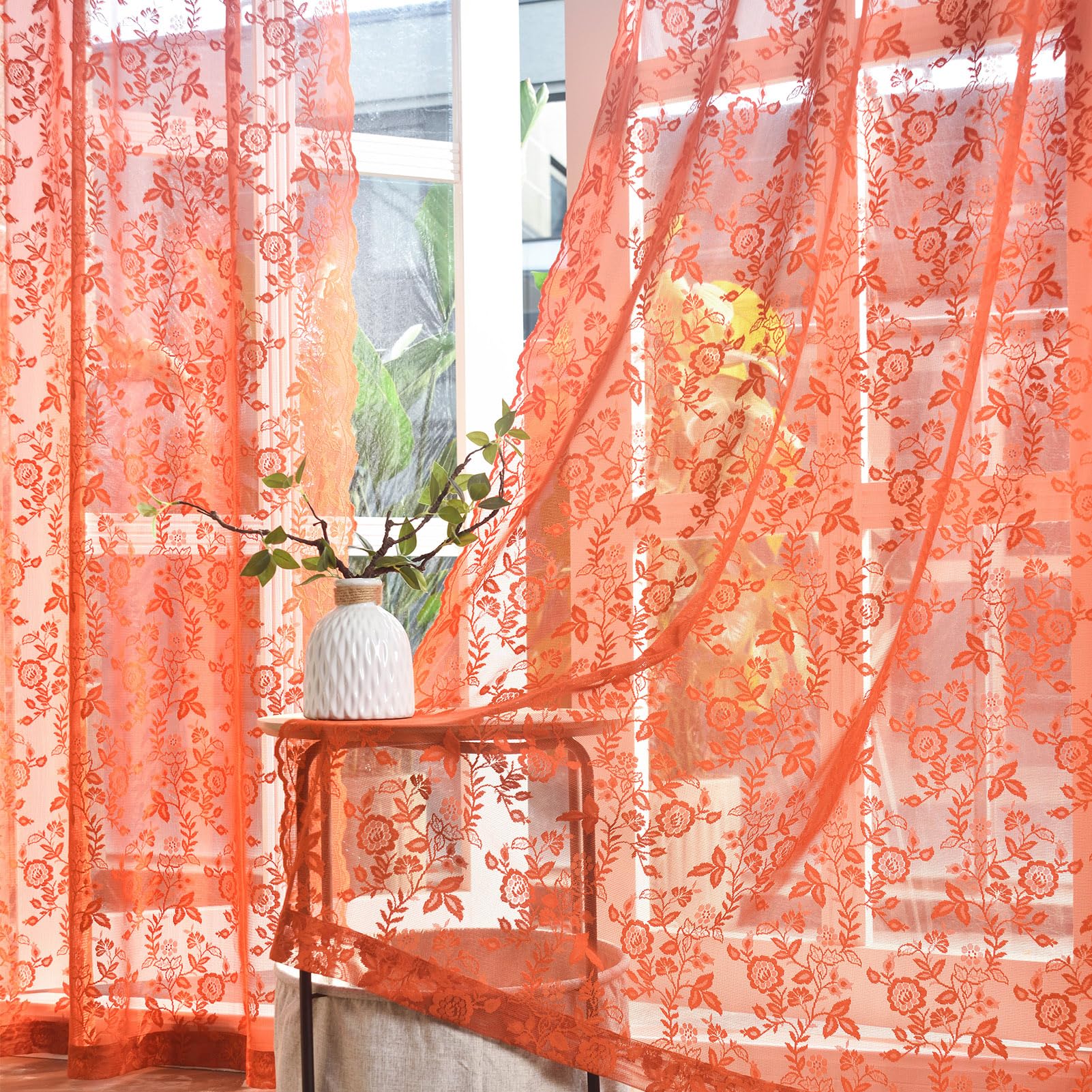 Finecity Burnt Orange Lace Curtains 72 Inch Length For Bedroom, Vintage Rustic Leaf Floral Pattern Rust Orange Fall Sheer Curtai