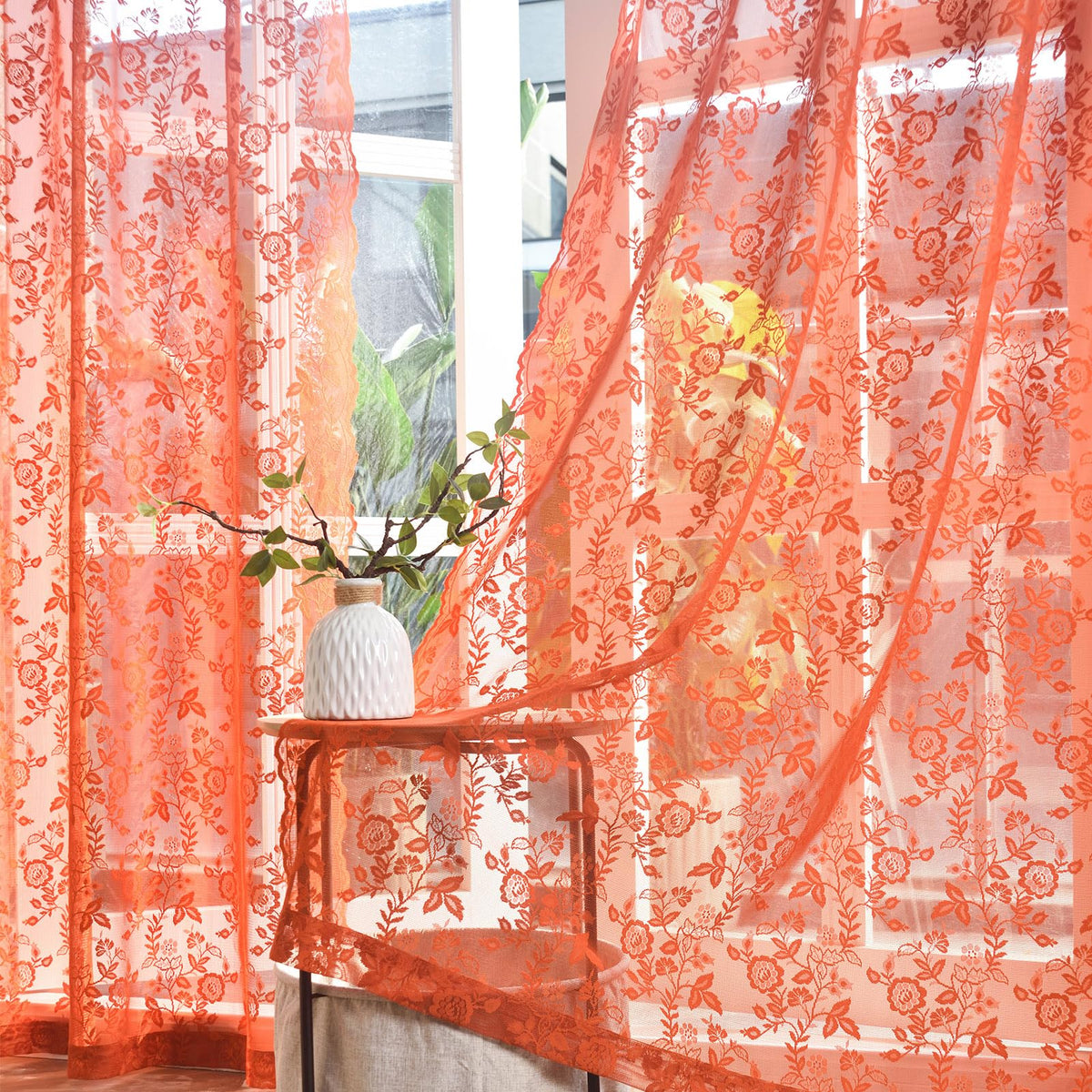 Finecity Burnt Orange Sheer Curtains 63 Inch Length 2 Panels For Bedroom, Country Rustic Leaf Floral Pattern Rust Sheer Curtains