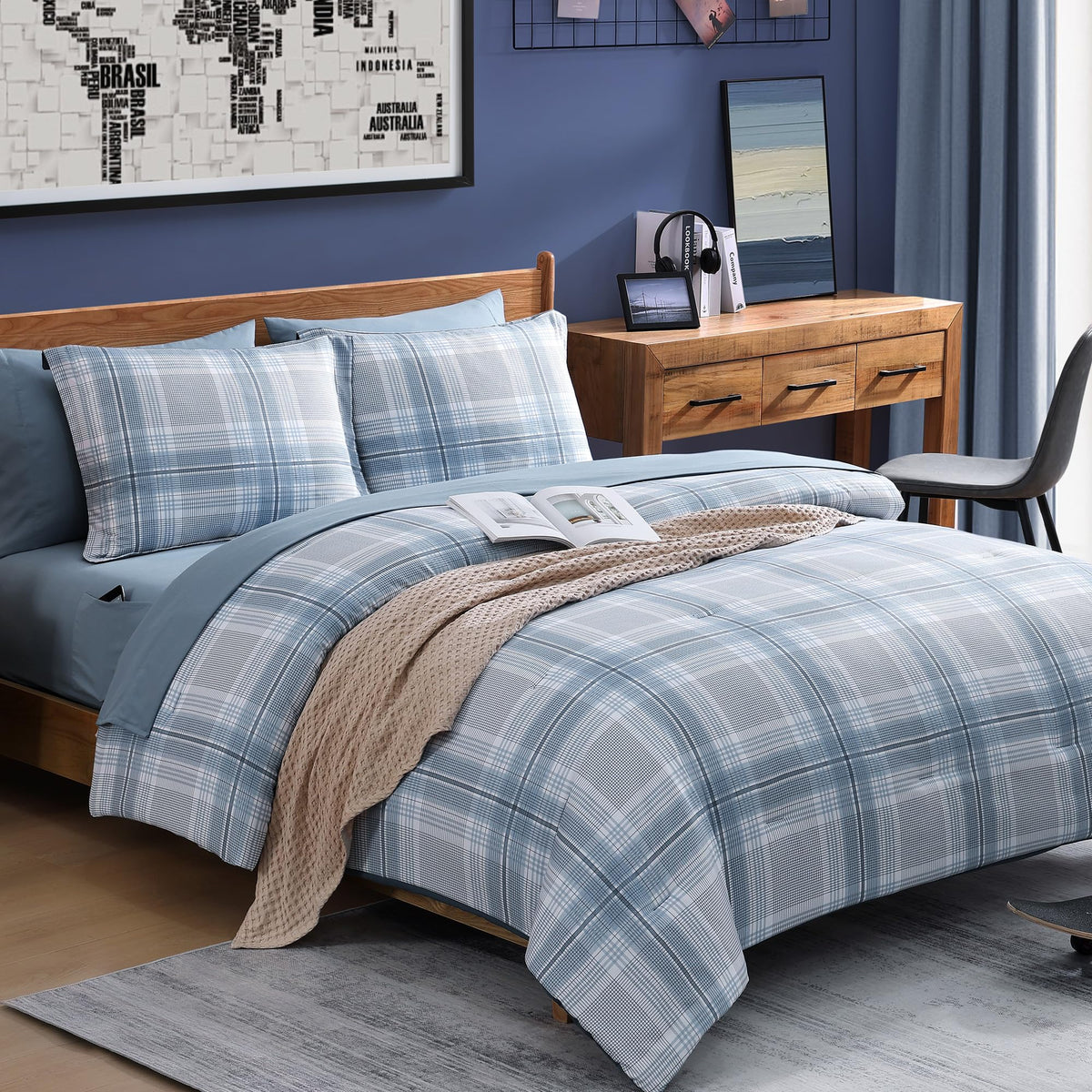 Amberspace Light Blue Twin Bed Set, Plaid Twin Xl Comforter Set For Boys & Girls,Classic Homestead-Style Twin Comforter Set With