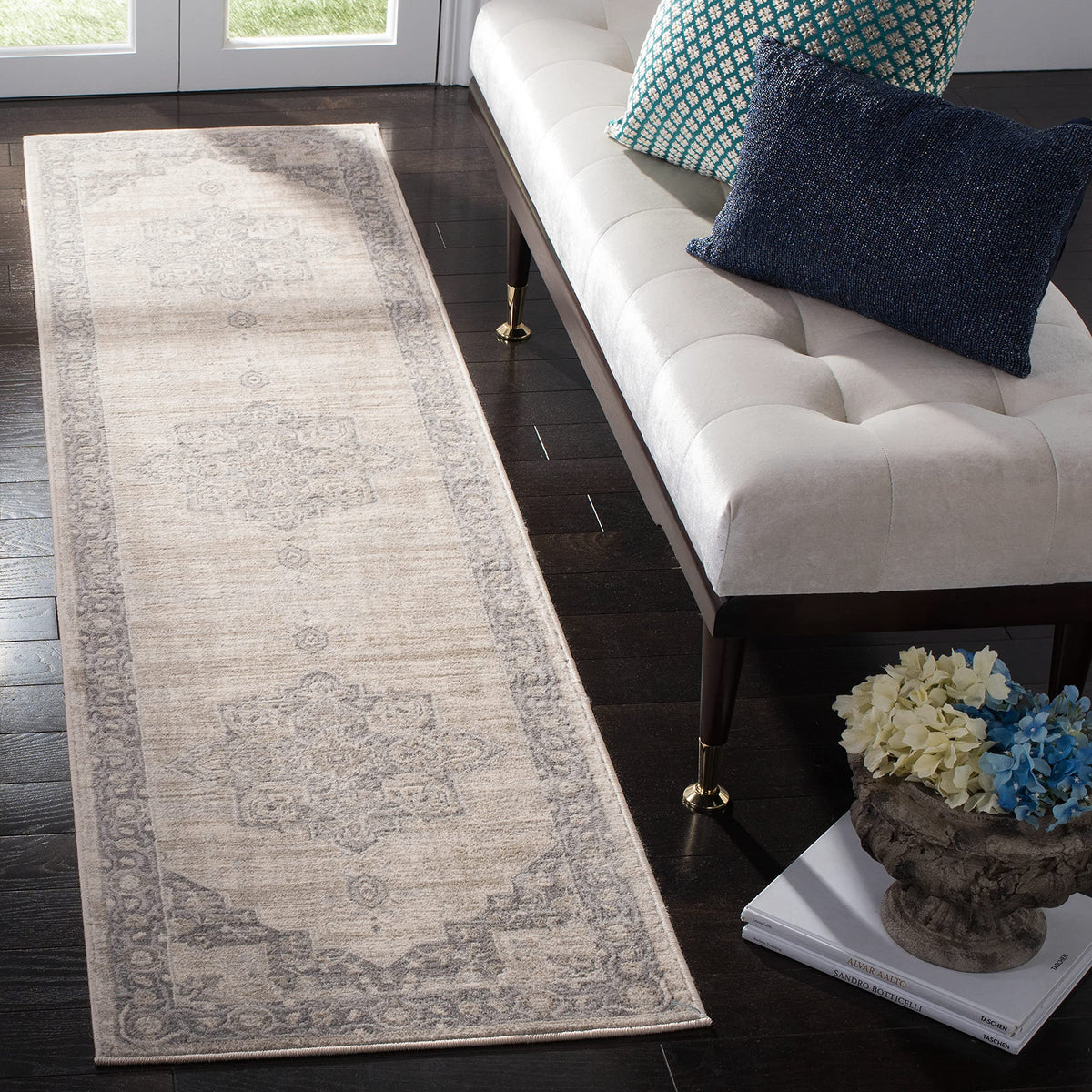 SAFAVIEH Brentwood Collection Runner Rug - 2' x 14', Cream & Grey, Medallion Distressed Design, Non-Shedding & Easy Care, Ideal 