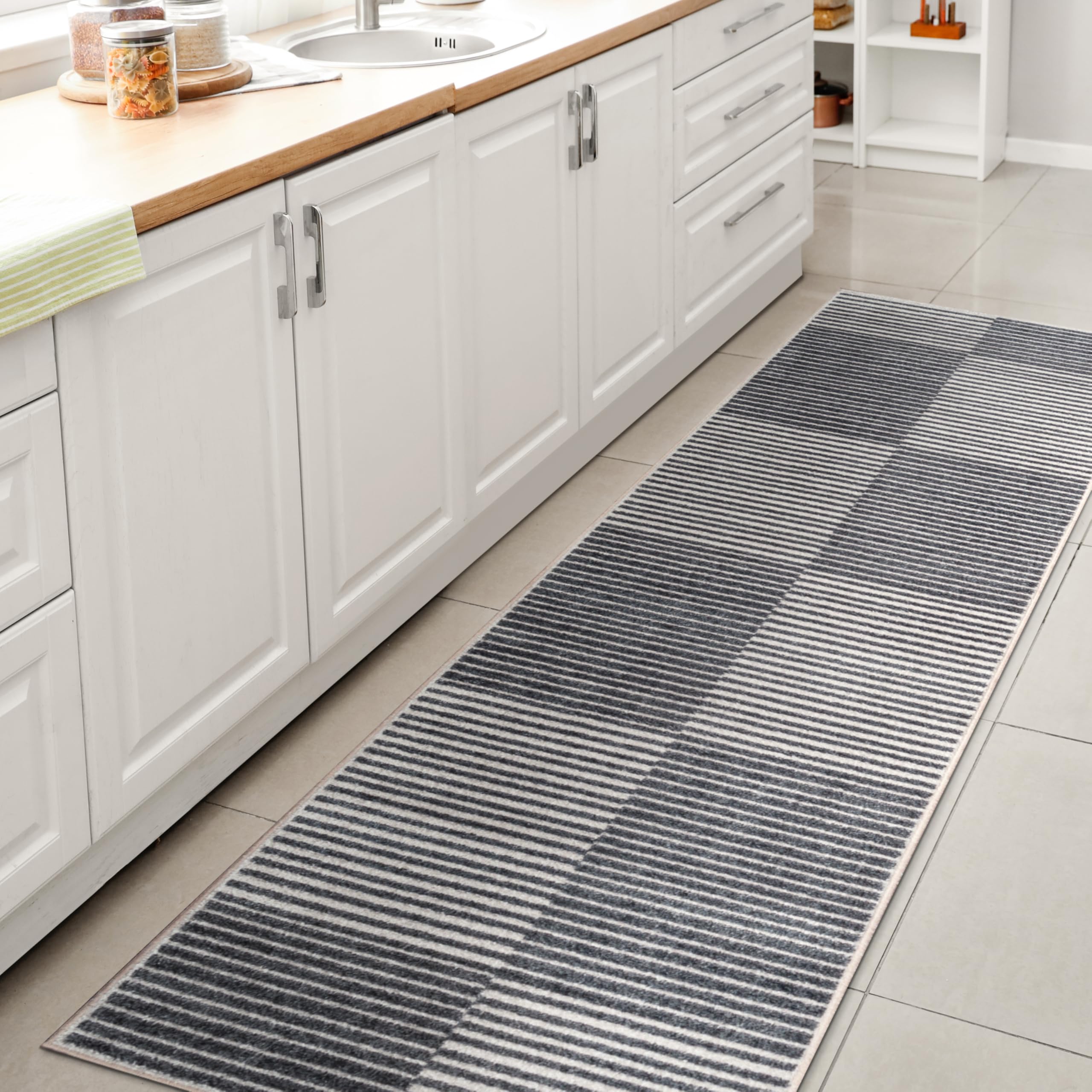 JONATHAN Y WSH305A-28 Shutter Minimalist Striped Plaid Machine-Washable Dark Gray/Cream 2 ft. x 8 ft. Runner Rug, Casual, Coasta