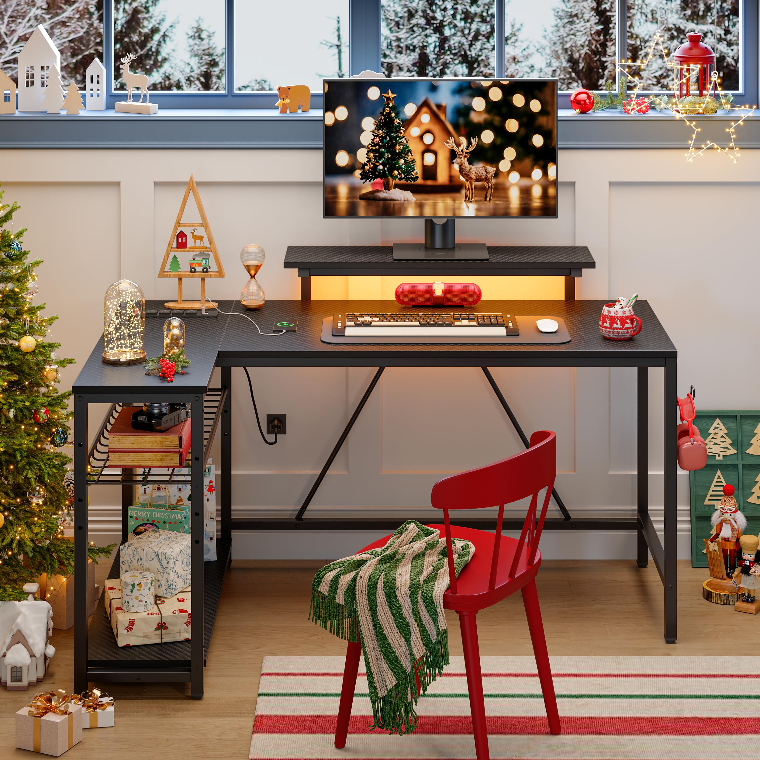 Bestier 58 L Shaped Gaming Desk With Led Lights & Power Outlets,Reversible Home Office Corner Desk With Shelves,Larger Pc Workstation With Hooks For Studying,Desk For Bedroom,Carbon Fiber Black