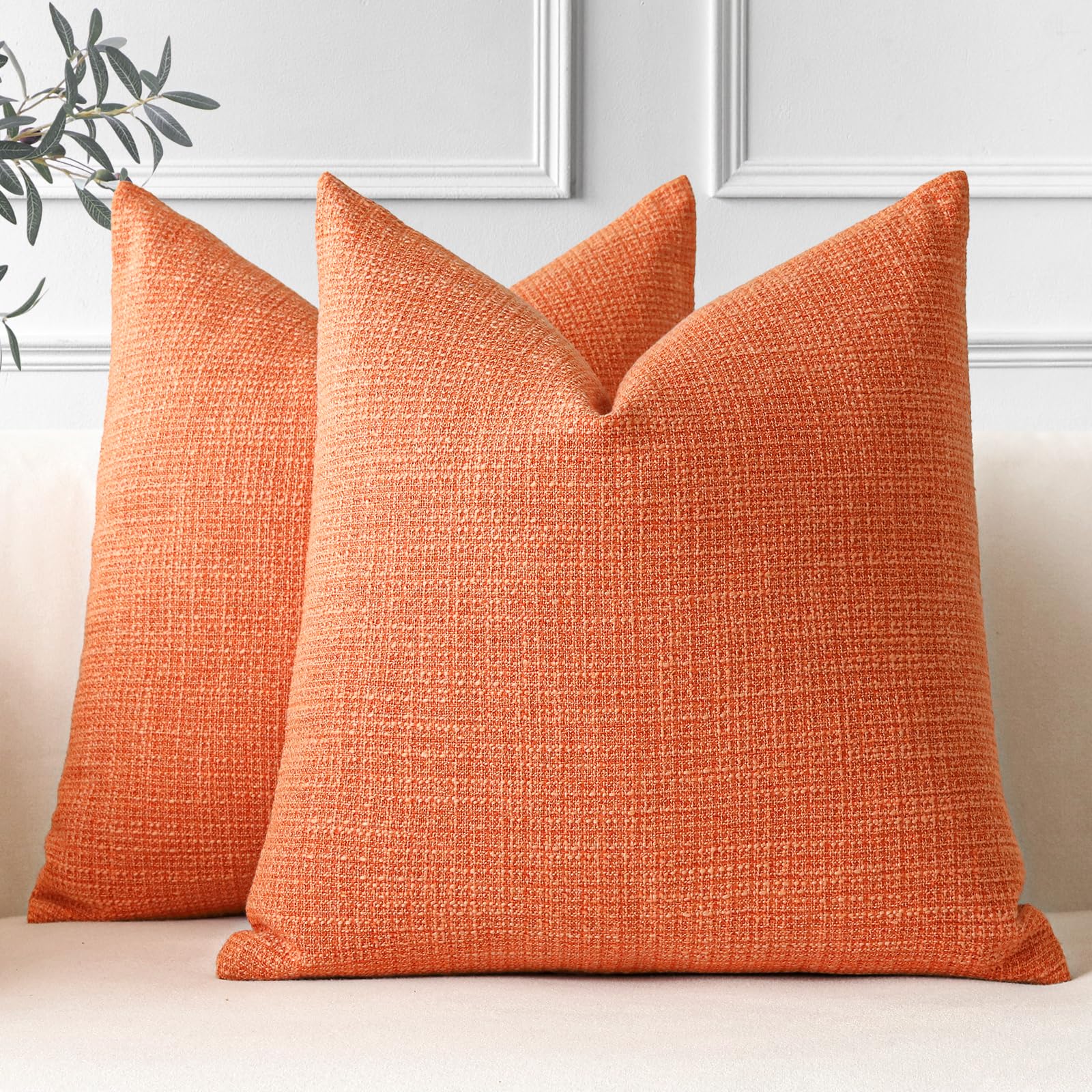OTOSTAR Pack of 2 Throw Pillow Covers 20x20 Inch Linen Orange Pillowcases Farmhouse Decorative Solid Pillow Covers 50x50 cm Squa