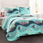Lush Decor Sealife Fish Ocean Wave Reversible 2 Piece Blue Quilt Bedding Set, Twin