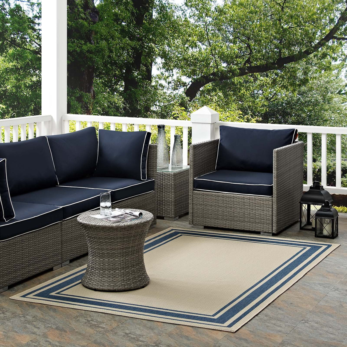 Modway Rim Solid Border 5X8 Indoor And Outdoor In Blue And Beige