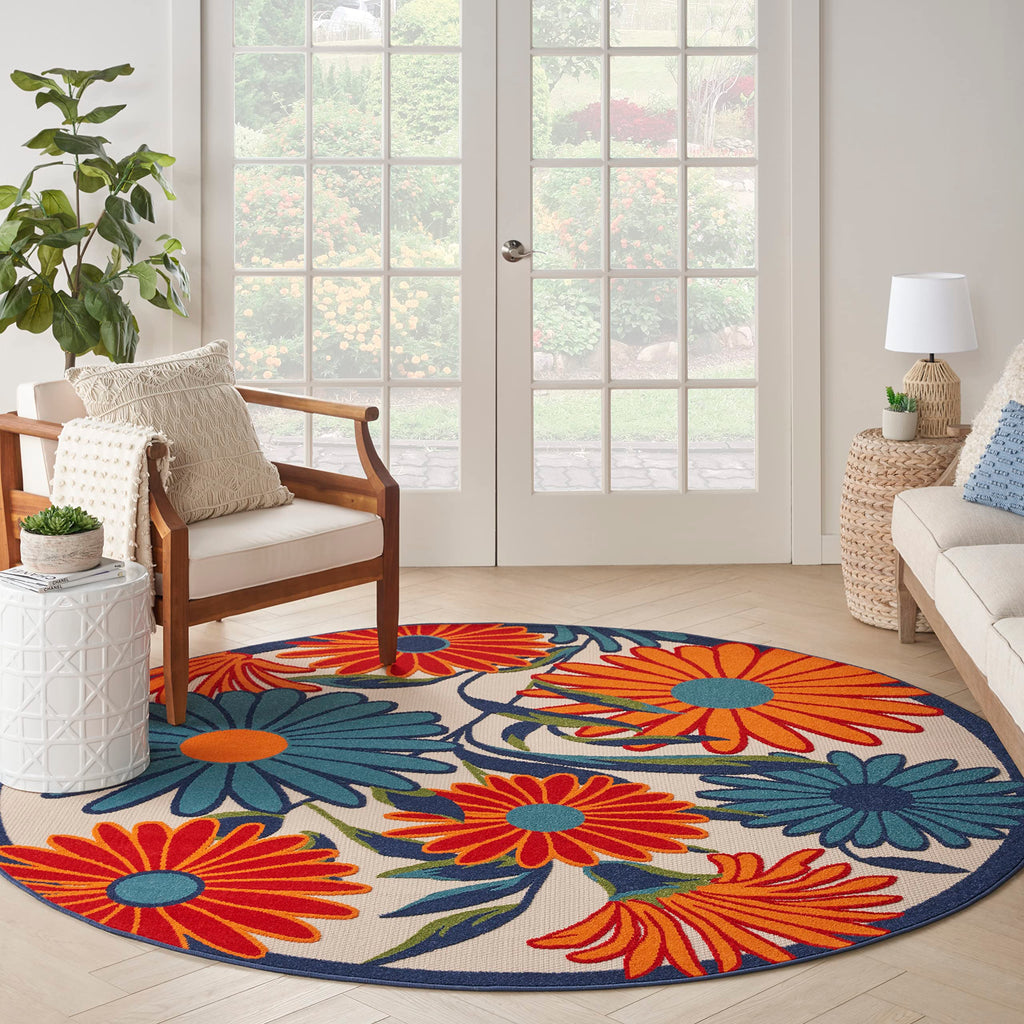 Nourison Aloha Outdoor Multicolor 5'3' X Round Area Rug, Easy Cleaning, Non Shedding, Bed Room, Living Room, Dining Room, Deck, Backyard, Patio (5 Round)