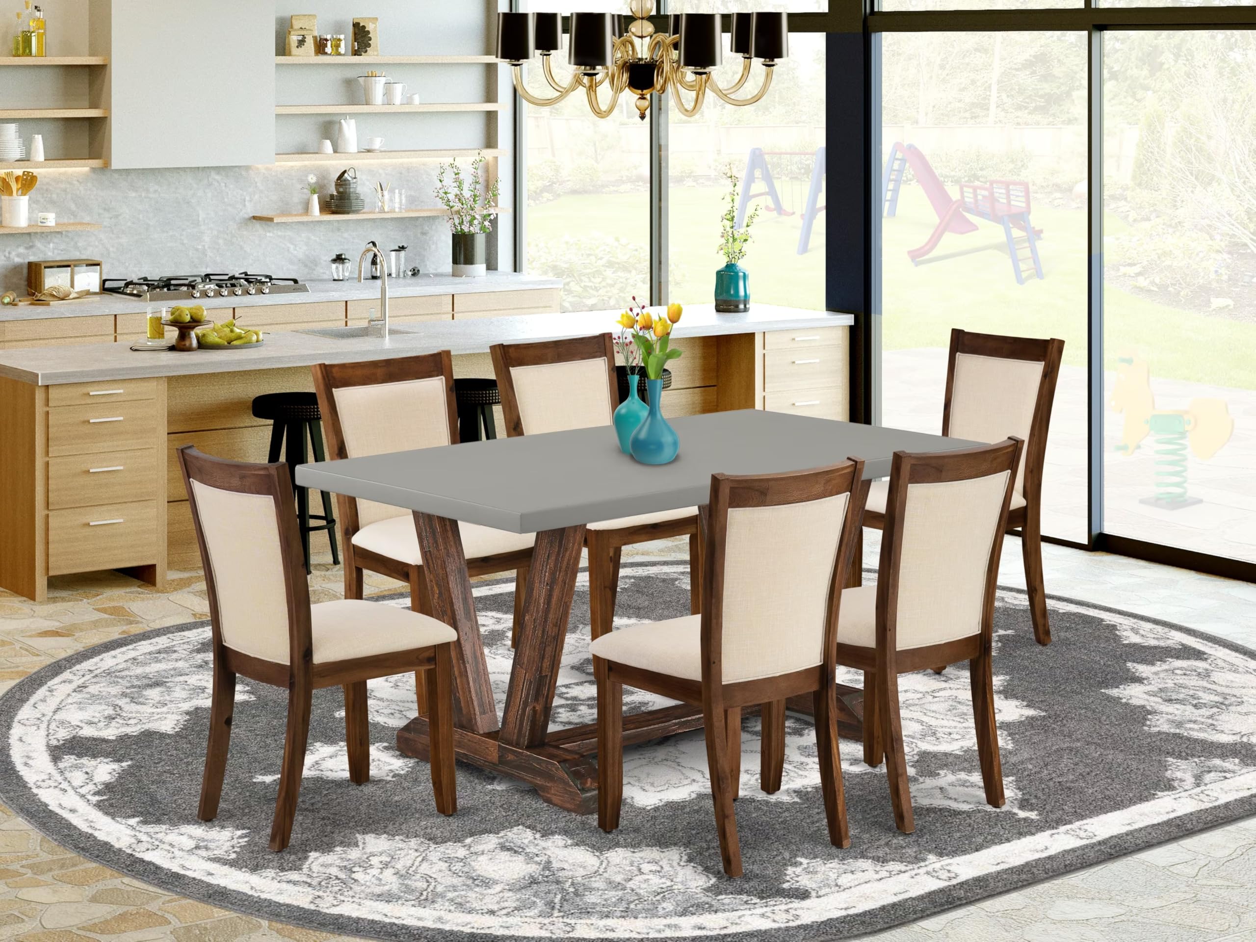 East West Furniture V796Mzn32-7 7 Piece Kitchen Table Set Consist Of A Rectangle Dining Table With V-Legs And 6 Light Beige Linen Fabric Parson Dining Chairs, 36X60 Inch, Multi-Color