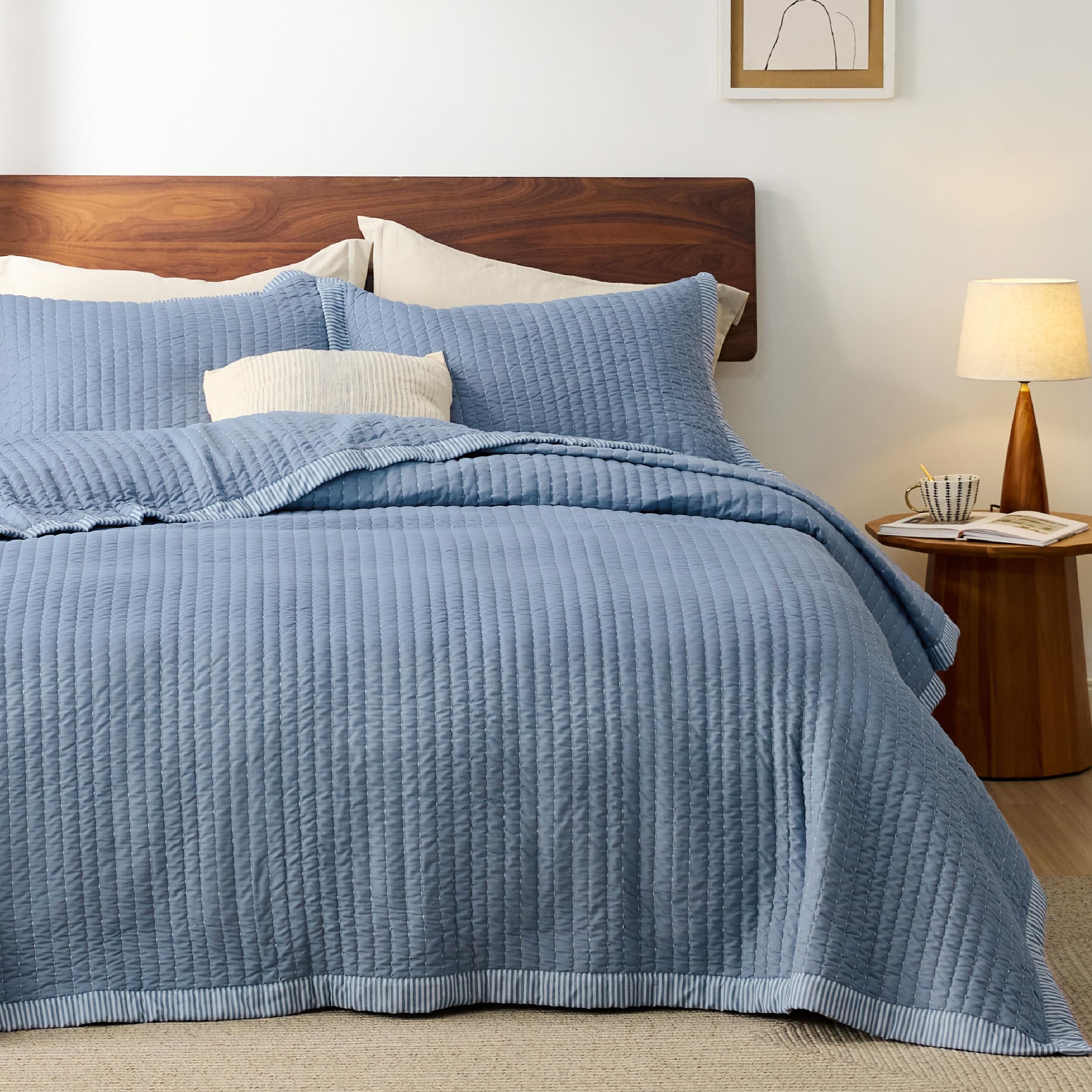 Bedsure Blue Quilts Twin Size - Twin Quilt Bedding Set Bedspread Coverlet, Lightweight Corduroy Pattern Bedspread, 2-Piece Set With 68'X86' Coverlet & 1 Pillow Sham, All-Season Soft Microfiber