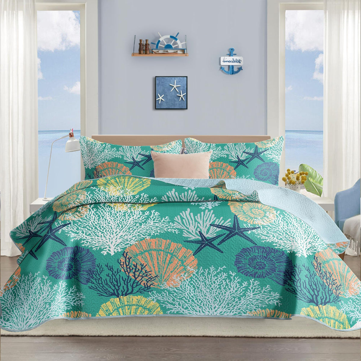Tritard 3 Piece Coastal Quilt Sets King Size - Reversible Microfiber Quilts With 2 Shams Soft Lightweight Beach Bedding Nautical
