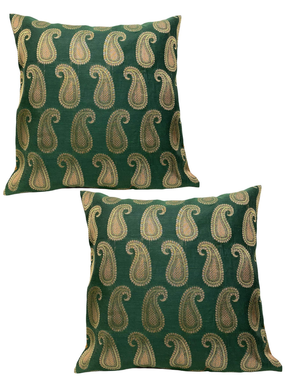 House Of Silko Cotton Chanderi Cushion Cover With Green And Gold Paisley For Interior Decoration (Size16X16) Set Of 2