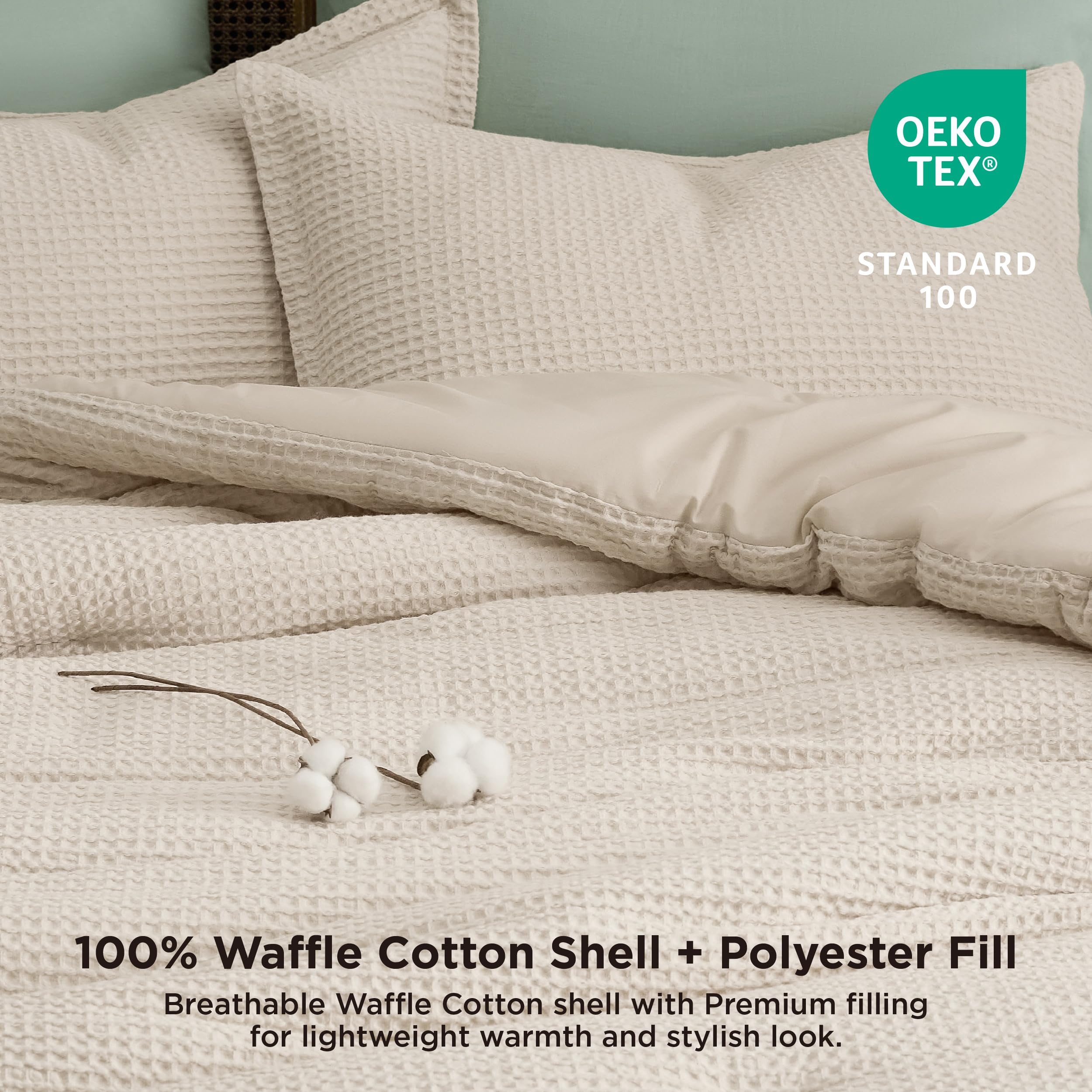 Bedsure Waffle Comforter Set Queen, Beige Soft Cotton Bedding, Waffle Weave Bed Set, 3 Pieces, 1 Comforter (90'X90') And 2 Pillow Shams, Premium Cotton Cover With Polyester Fill For All Seasons