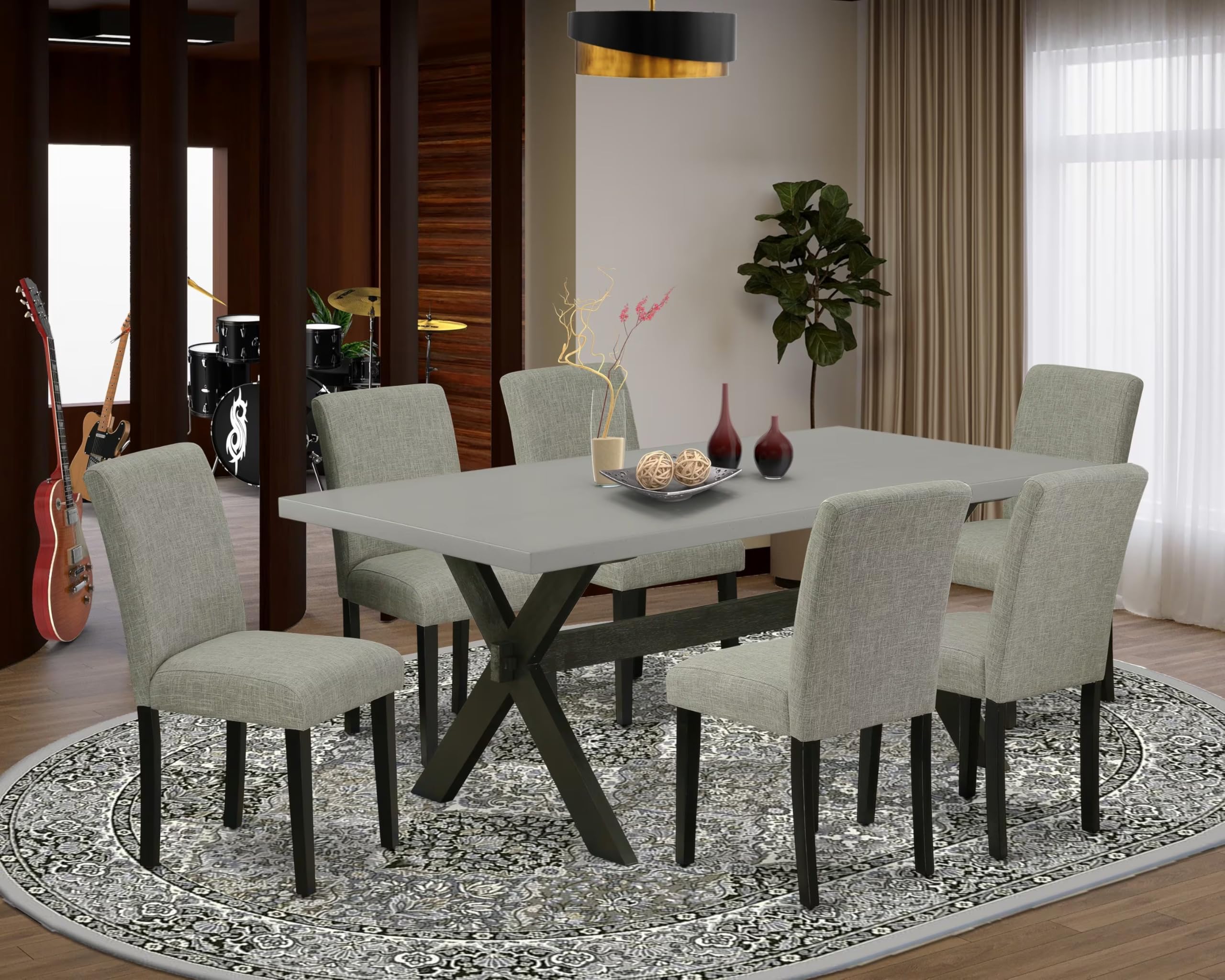 East West Furniture X697Ab106-7 7 Piece Kitchen Table Set Consist Of A Rectangle Dining Table With X-Legs And 6 Shitake Linen Fabric Parson Dining Chairs, 40X72 Inch, Multi-Color
