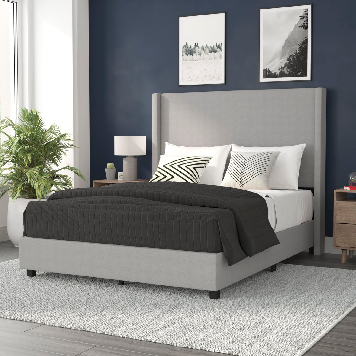 Flash Furniture Quinn Upholstered Platform Bed - Gray Channel Stitched Wingback Headboard - Queen - Mattress Foundation with Slatted Supports - No Box Spring Needed