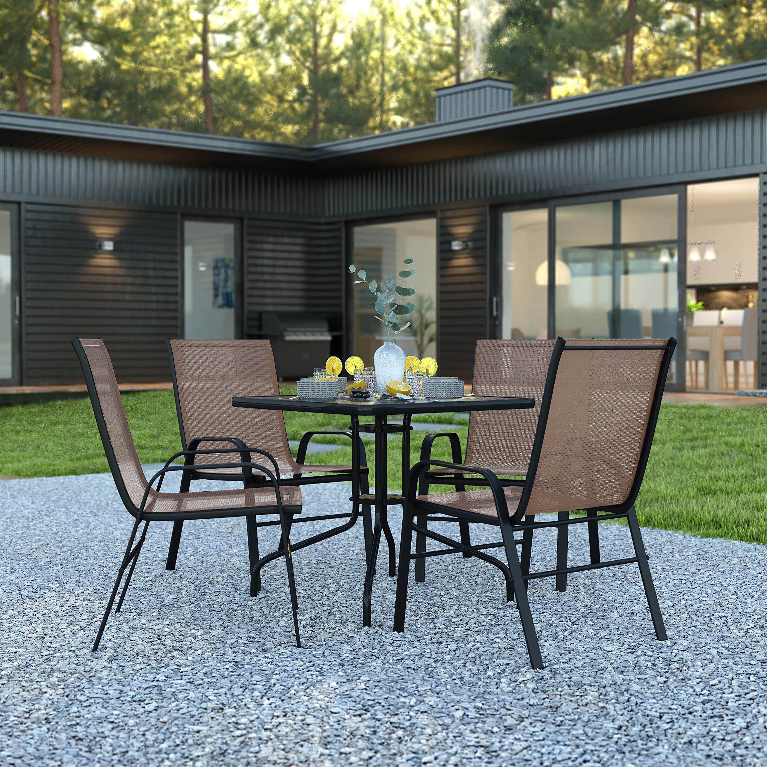 Flash Furniture Brazos 5 Piece Outdoor Patio Dining Set - 4 Brown Flex Comfort Stack Chairs - 31.5&Quot; Square Tempered Glass Patio Table
