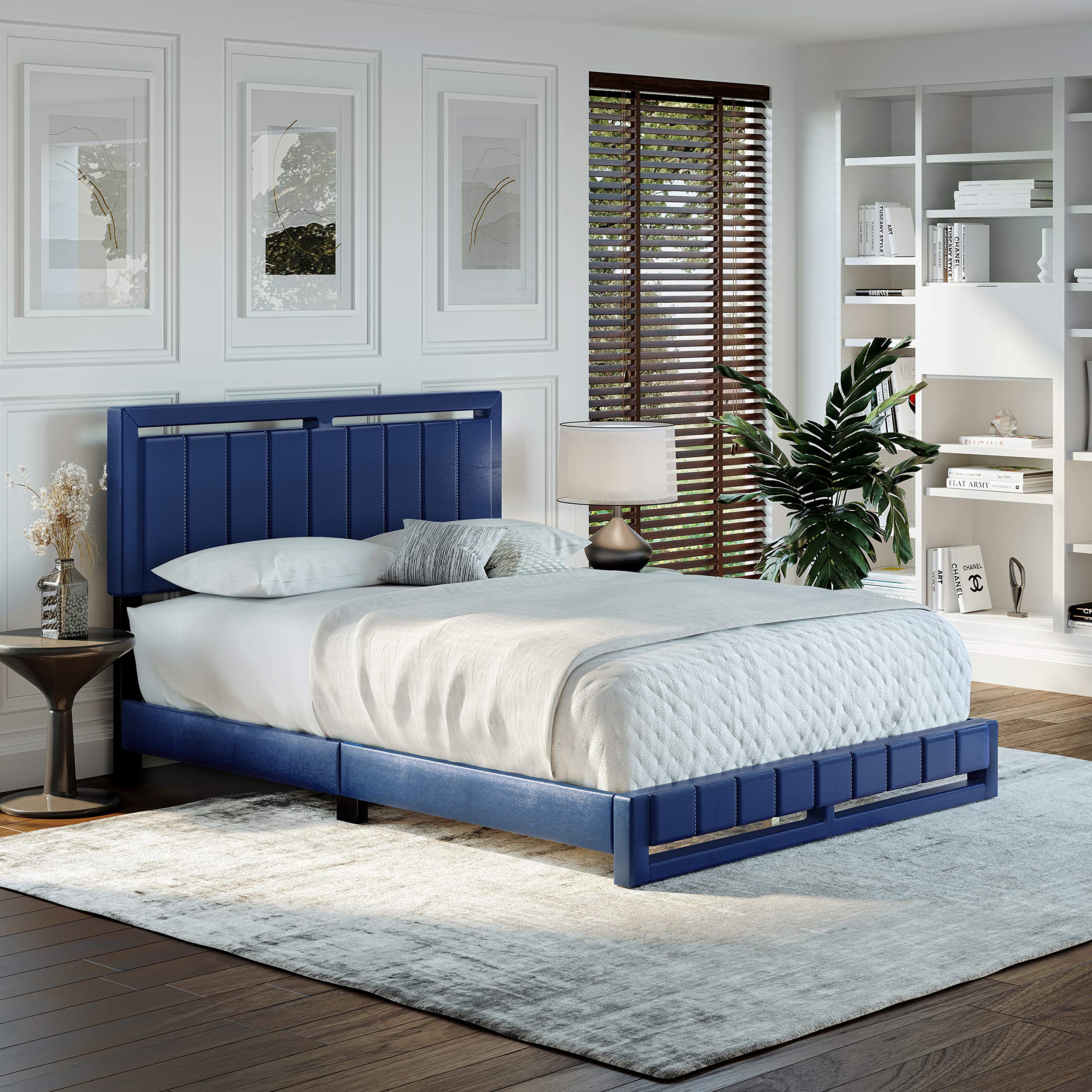 Boyd Sleep Beaumont Upholstered Platform Bed with Headboard, Mattress Foundation with Strong 14 Wood Slat Supports, No Box Spring Required, Blue Faux Leather, Size King