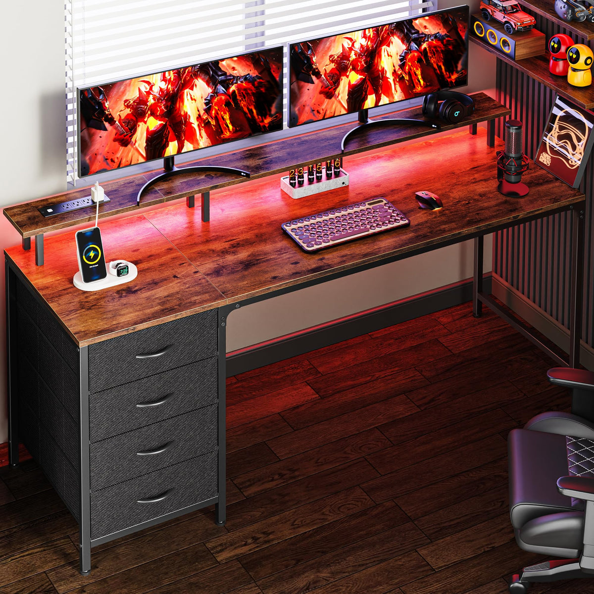 Huuger 63 Inch Computer Desk With Power Outlets And Led Lights, Gaming Desk With 4 Drawers, Office Desk With Monitor Stand, Study Desk Work Desk For Home Office, Rustic Brown