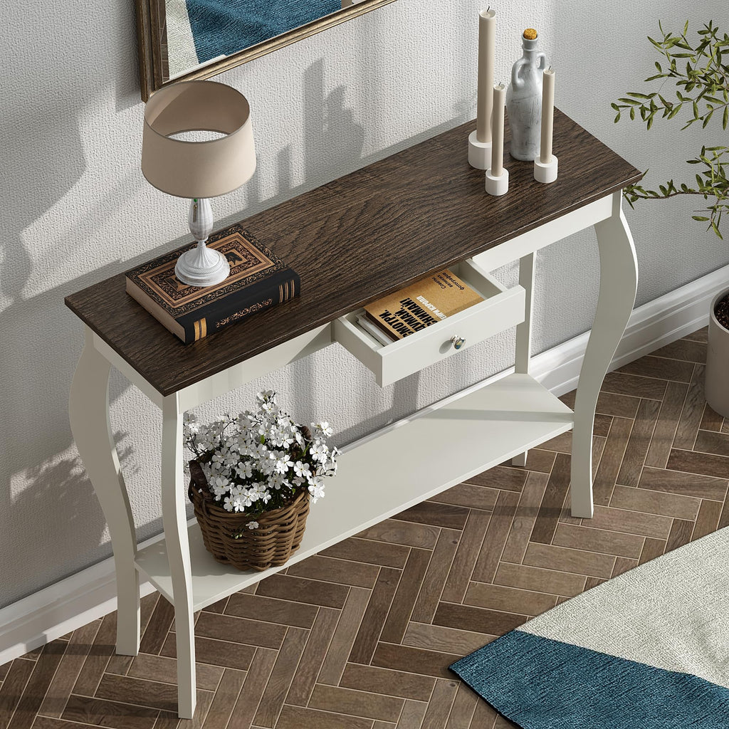 Choochoo Narrow Farmhouse Console Table With Drawer, Chic Accent Sofa Entryway Table With Shelves For Entryway, Living Room, Hallway, Antique White & Brown