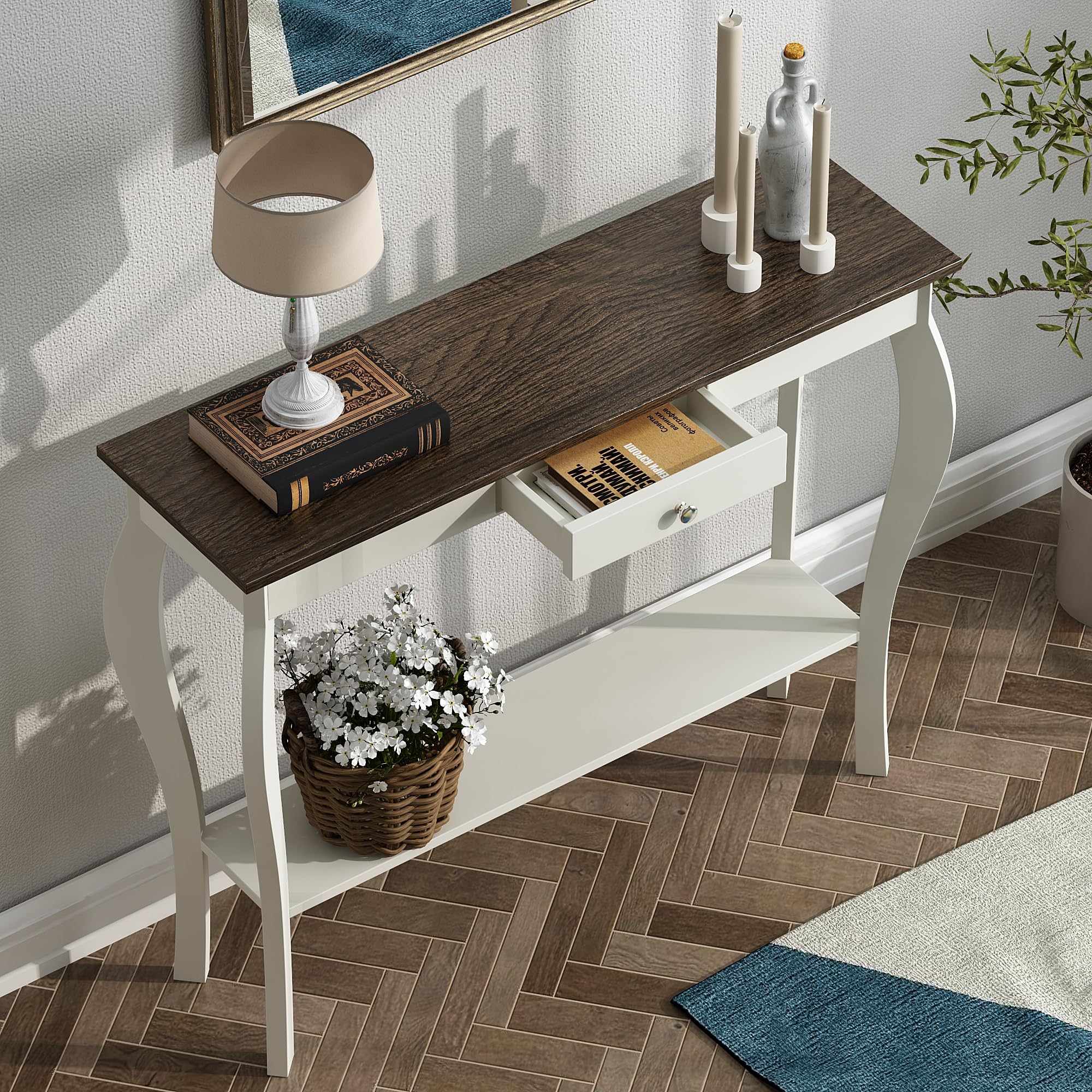 Choochoo Narrow Farmhouse Console Table With Drawer, Chic Accent Sofa Entryway Table With Shelves For Entryway, Living Room, Hallway, Antique White & Brown