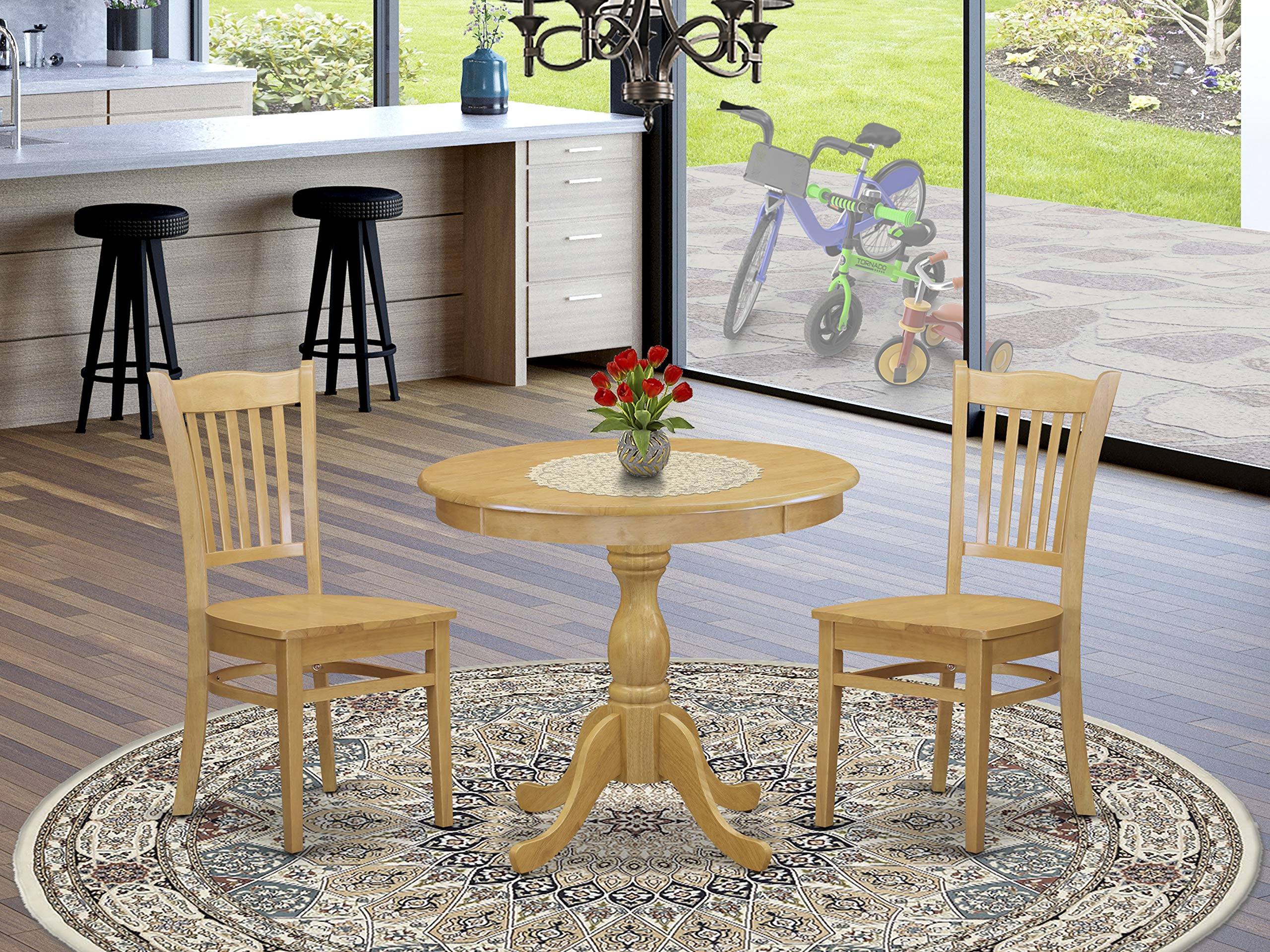 East West Furniture AMGR3-OAK-W 3 Piece Dining Table Set for Small Spaces Contains a Round Kitchen Table with Pedestal and 2 Dining Chairs, 36x36 Inch, Oak