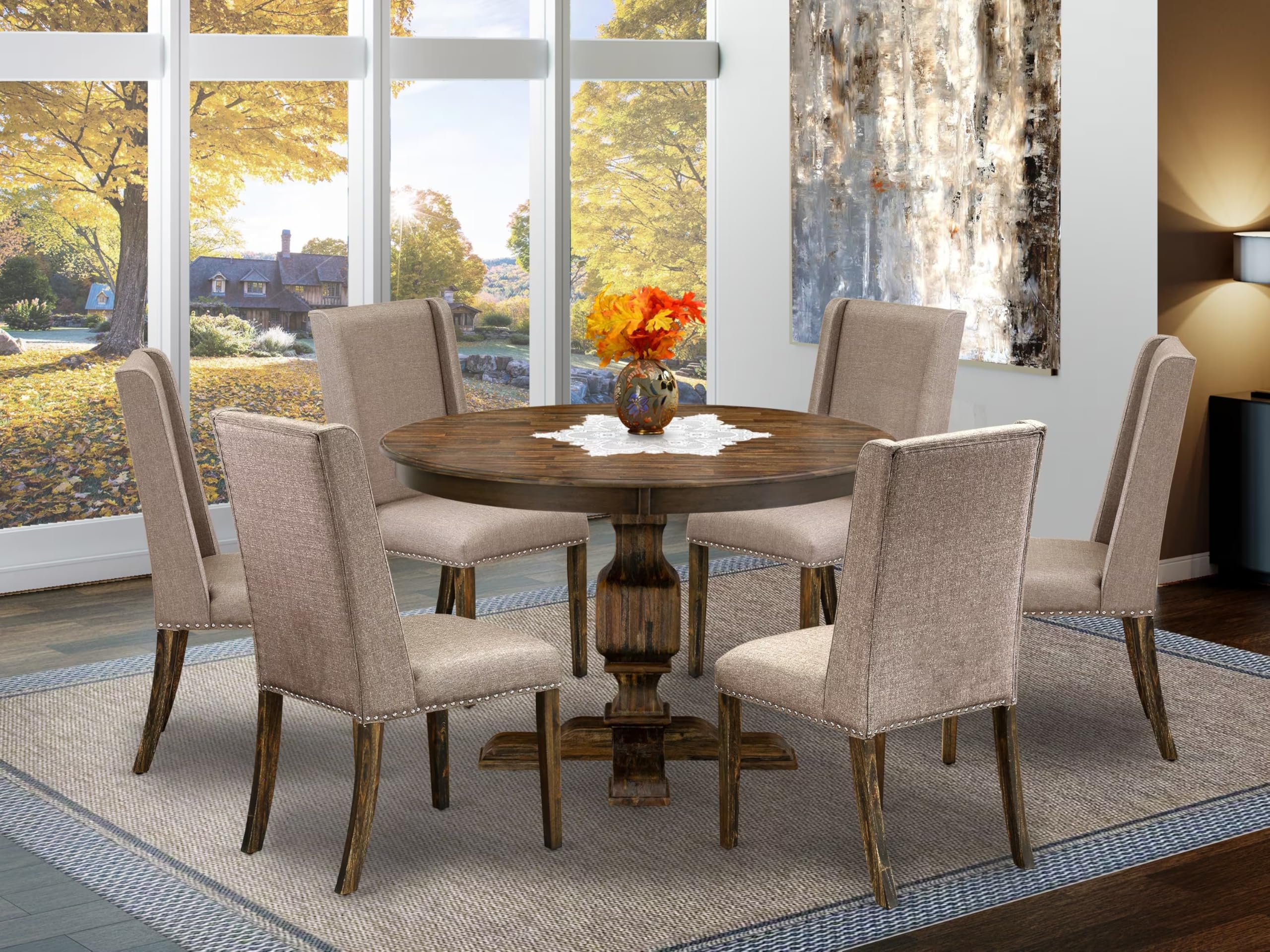 East West Furniture F3FL7-716 7 Piece Dining Set Consist of a Round Dining Room Table with Pedestal and 6 Dark Khaki Linen Fabric Upholstered Parson Chairs, 48x48 Inch, Distressed Jacobean