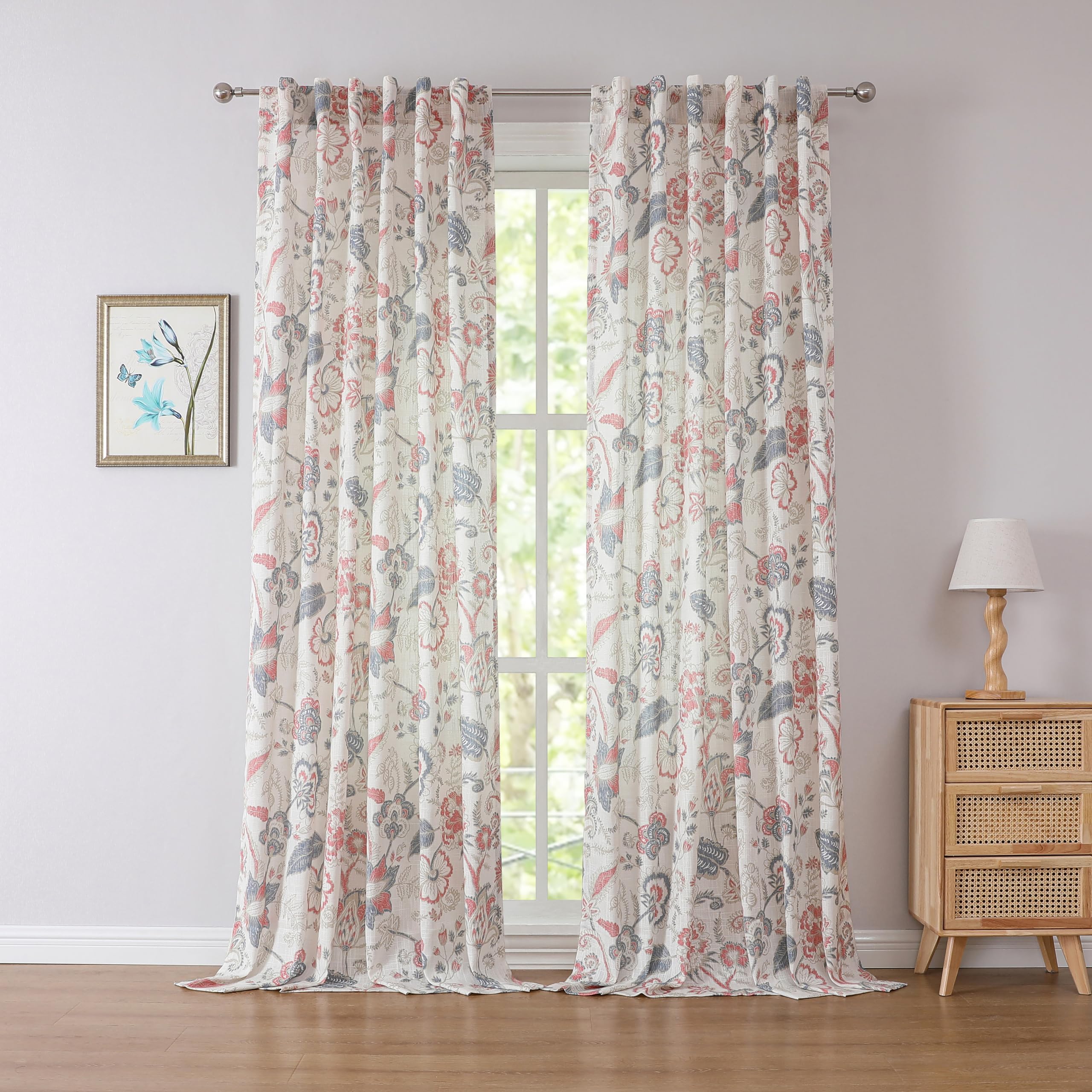 Kayne Studio Navy Red Curtain Panels Linen Textured Botanical Leaf Print Floral Farmhouse Linen Curtain Drapes Light Filtering W