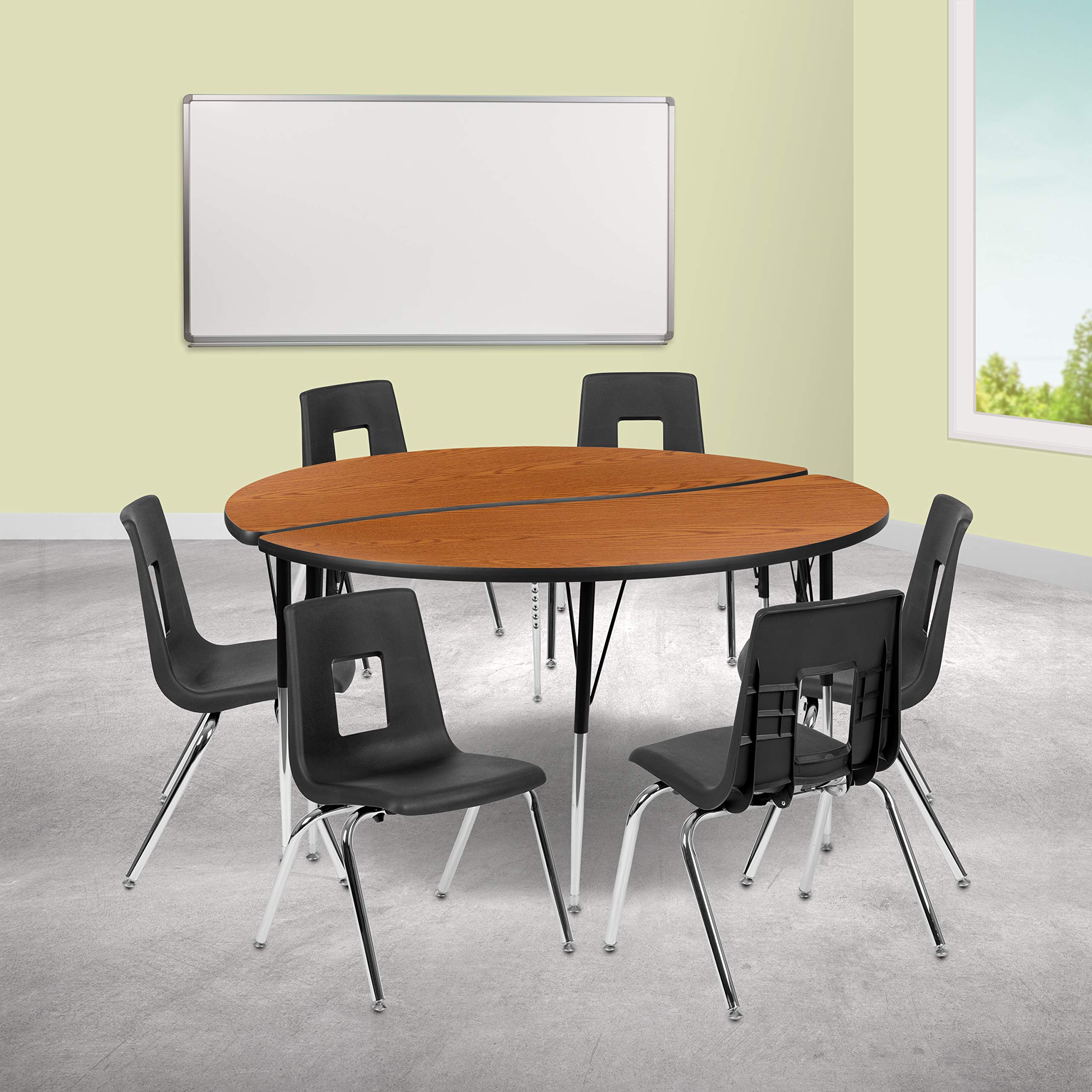 Flash Furniture 60' Circle Wave Collaborative Laminate Activity Table Set With 18' Student Stack Chairs, Oak/Black