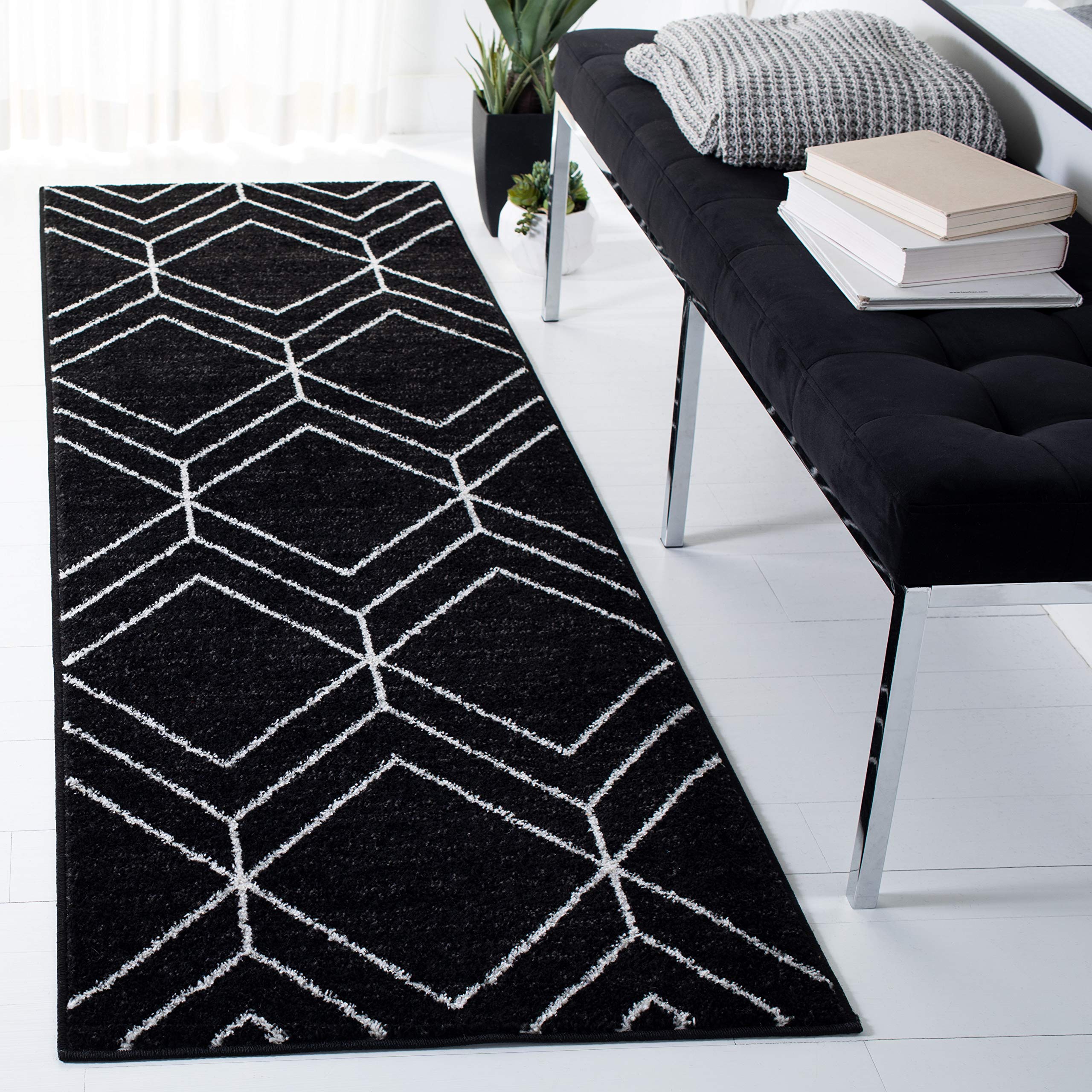 SAFAVIEH Adirondack Collection Runner Rug - 26 x 6, Black & Ivory, Modern Geometric Design, Non-Shedding & Easy Care, Ideal fo
