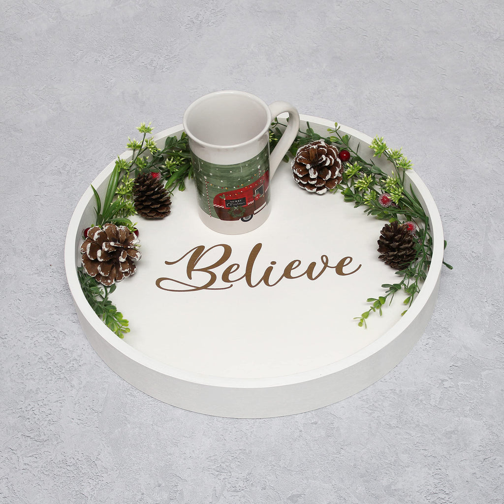 Elegant Designs Decorative 13.75'' Round Wood Serving Tray W/ Handles, ''Believe''