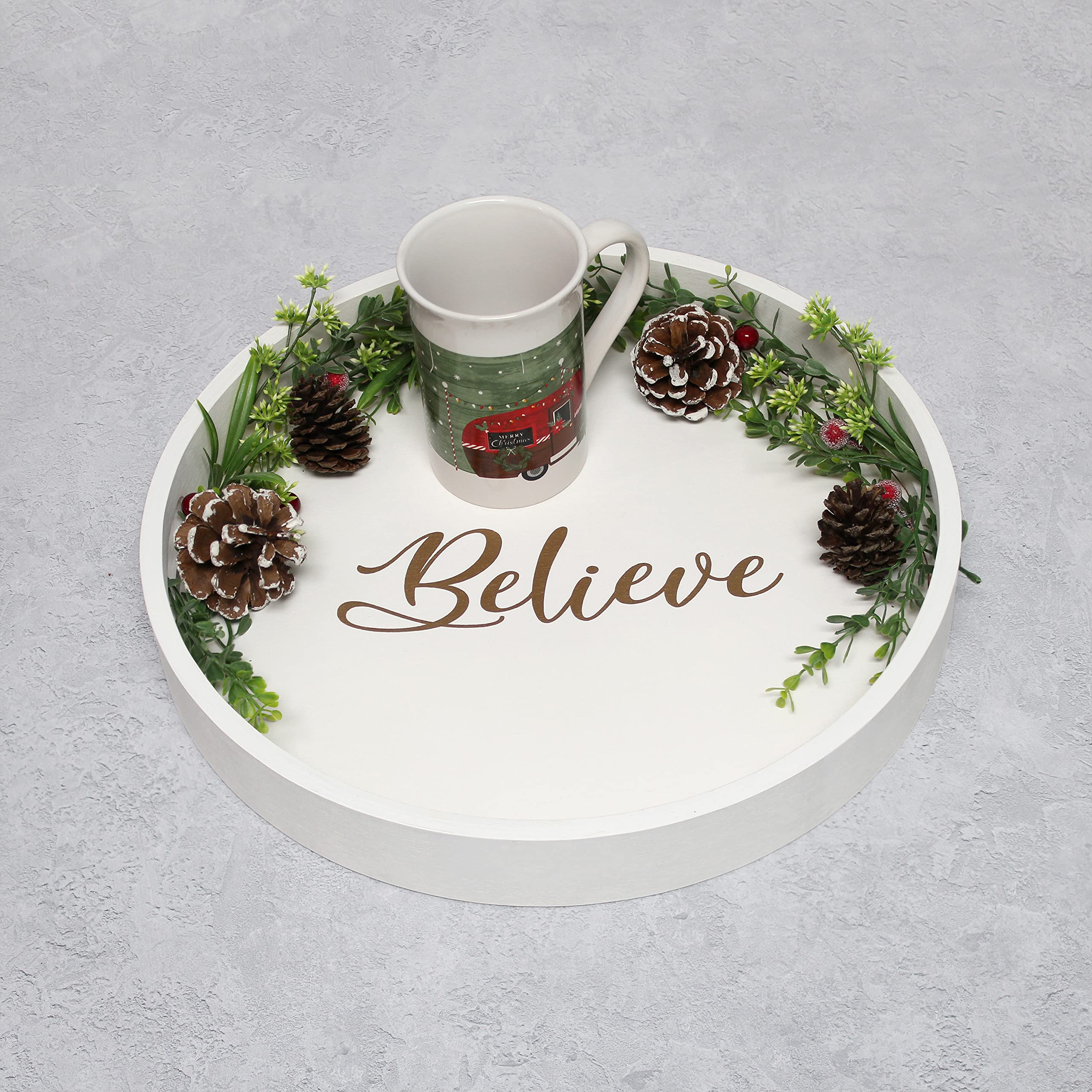 Elegant Designs Decorative 13.75'' Round Wood Serving Tray W/ Handles, ''Believe''