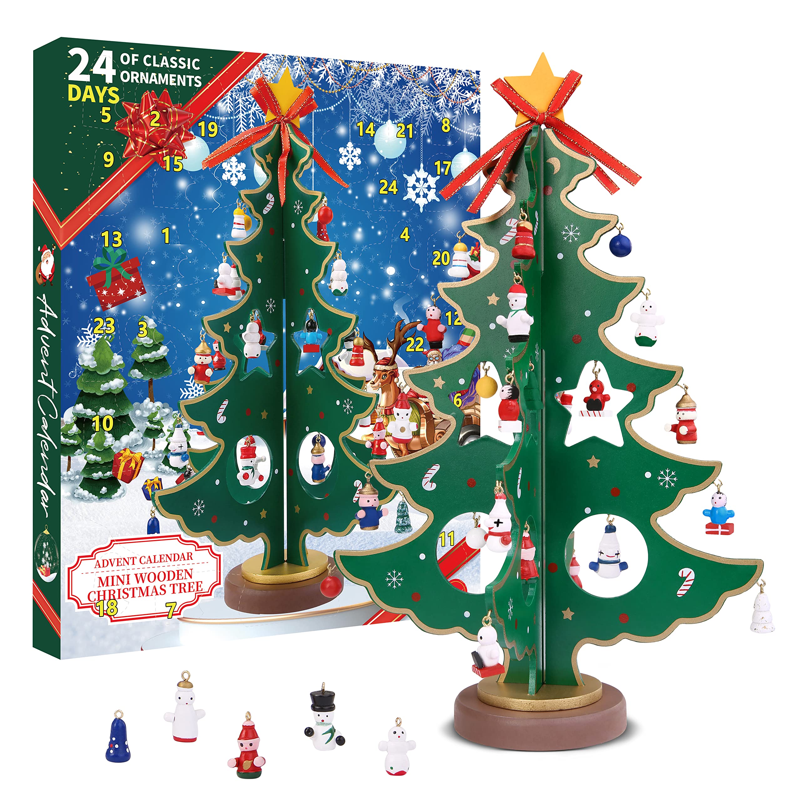 JAMFIT 28 Pcs Christmas Advent Calendar 2025 with Christmas Tree Ornaments - Premium Advent Calendar for Kids, 24 Days Vintage C