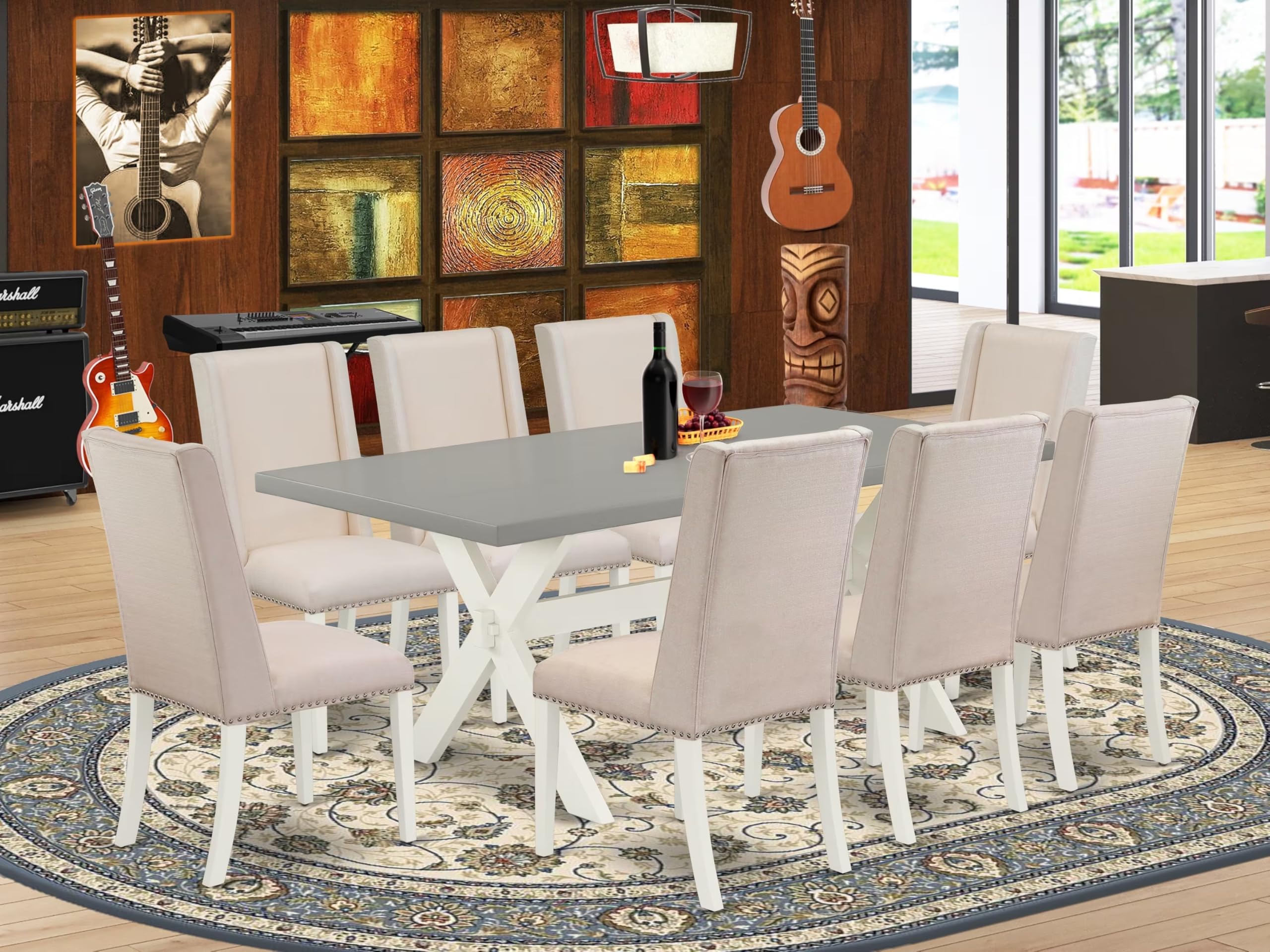 East West Furniture X097Fl201-9 9 Piece Kitchen Table Set Includes A Rectangle Dining Table With X-Legs And 8 Cream Linen Fabric Parson Dining Chairs, 40X72 Inch, Multi-Color