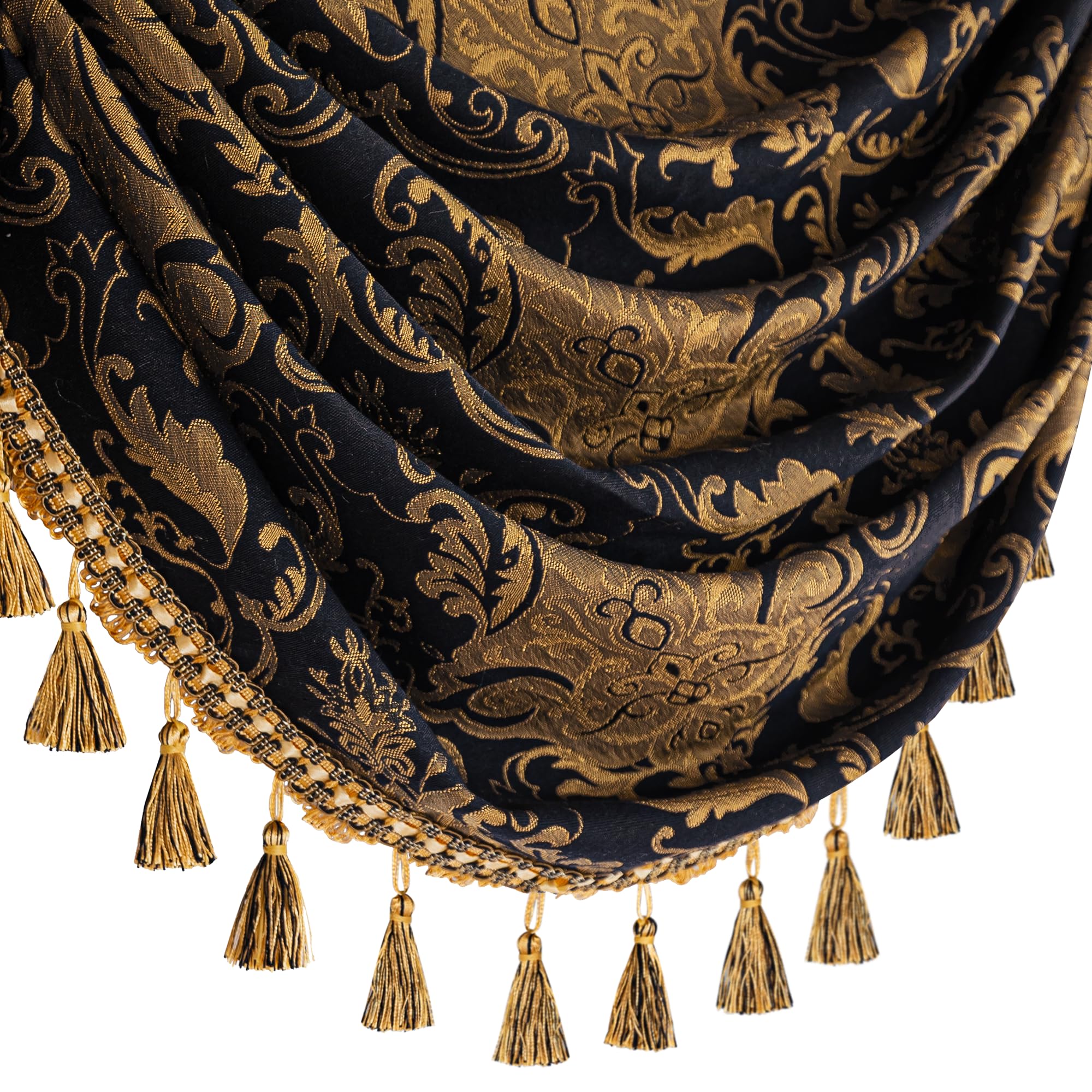 Loom And Mill Luxury Waterfall Valance For Living Room, Classic Damask Jacquard Swag Valances With Tassels, Balck Swag Curtains