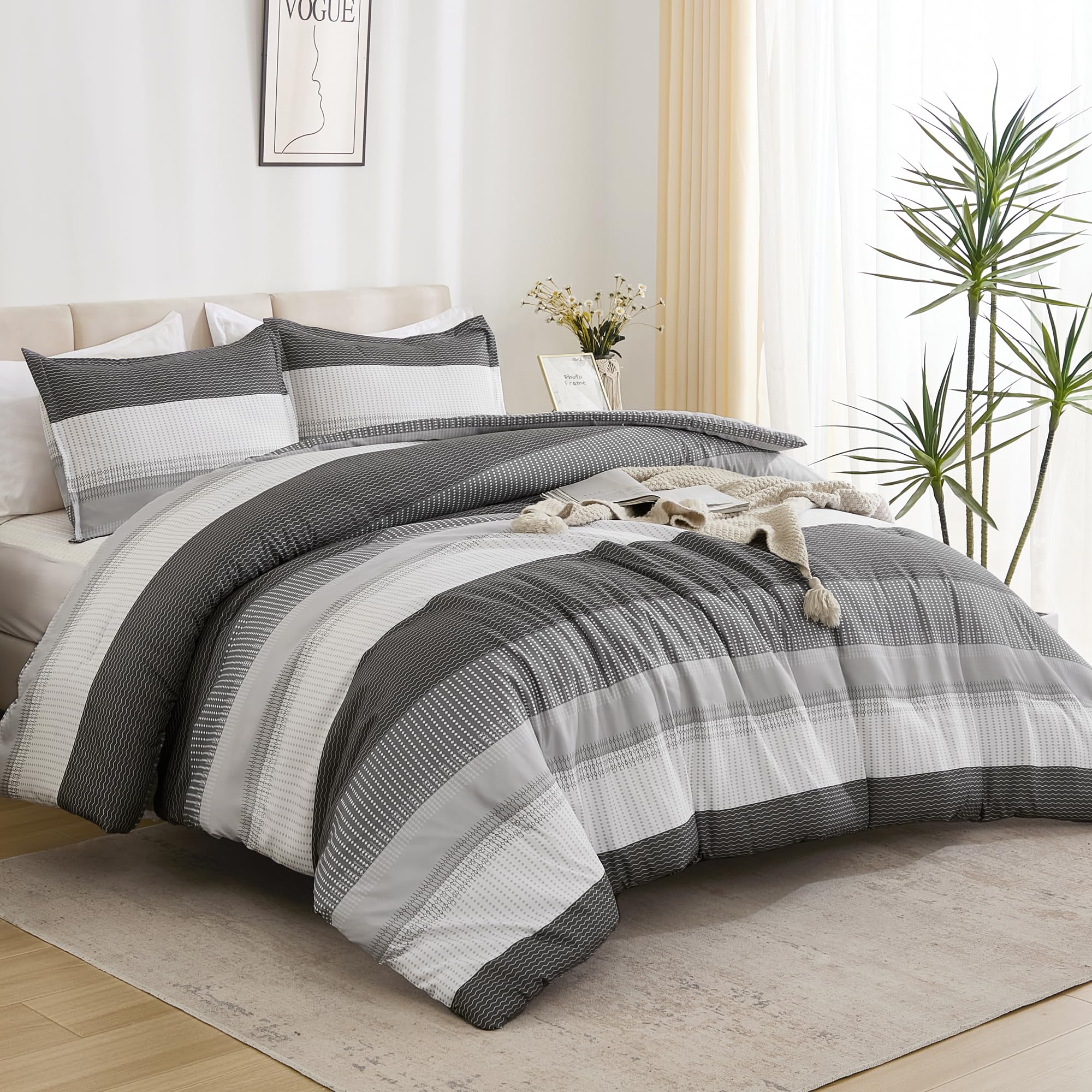 Litanika Dark Grey Bed Comforter Set Twin/Twin Xl Size, 2 Pieces Lightweight Striped Bedding Comforter Set, Soft All Season Down