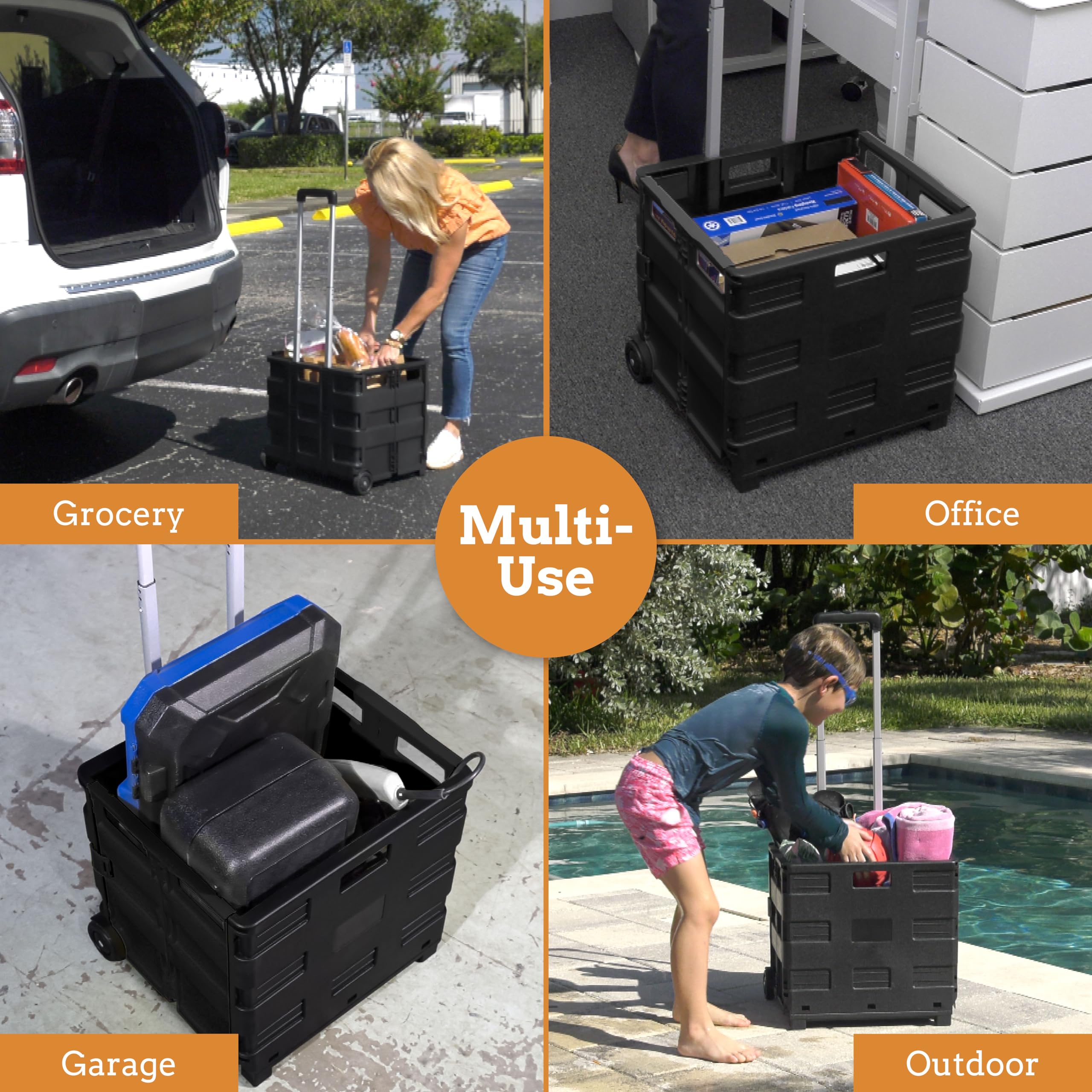 Inspired Living Collapsible Ultra-Slim Pack-N-Roll, 2 Wheel Utility Cart , With Telescopic Handle - Super Strong Up To 80 Lbs Load Capacity, Black