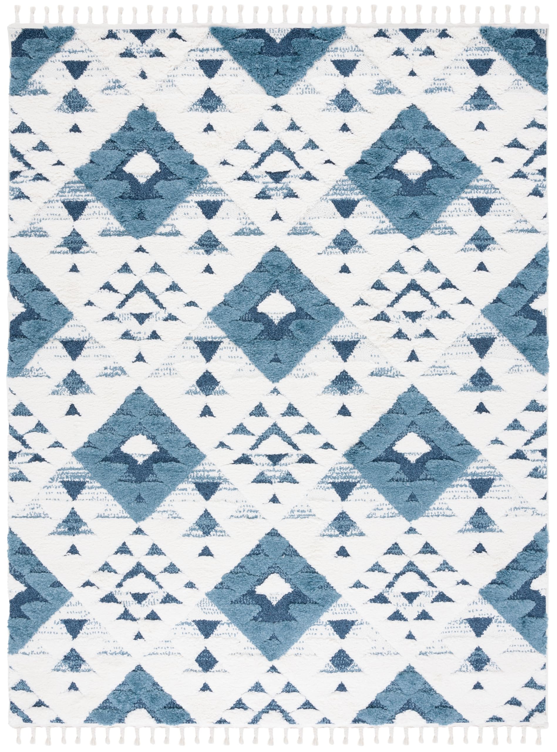 SAFAVIEH Moroccan Tassel Shag Collection Area Rug - 11 x 15, Blue & Ivory, Moroccan Design, Ideal for High Traffic Areas in Li