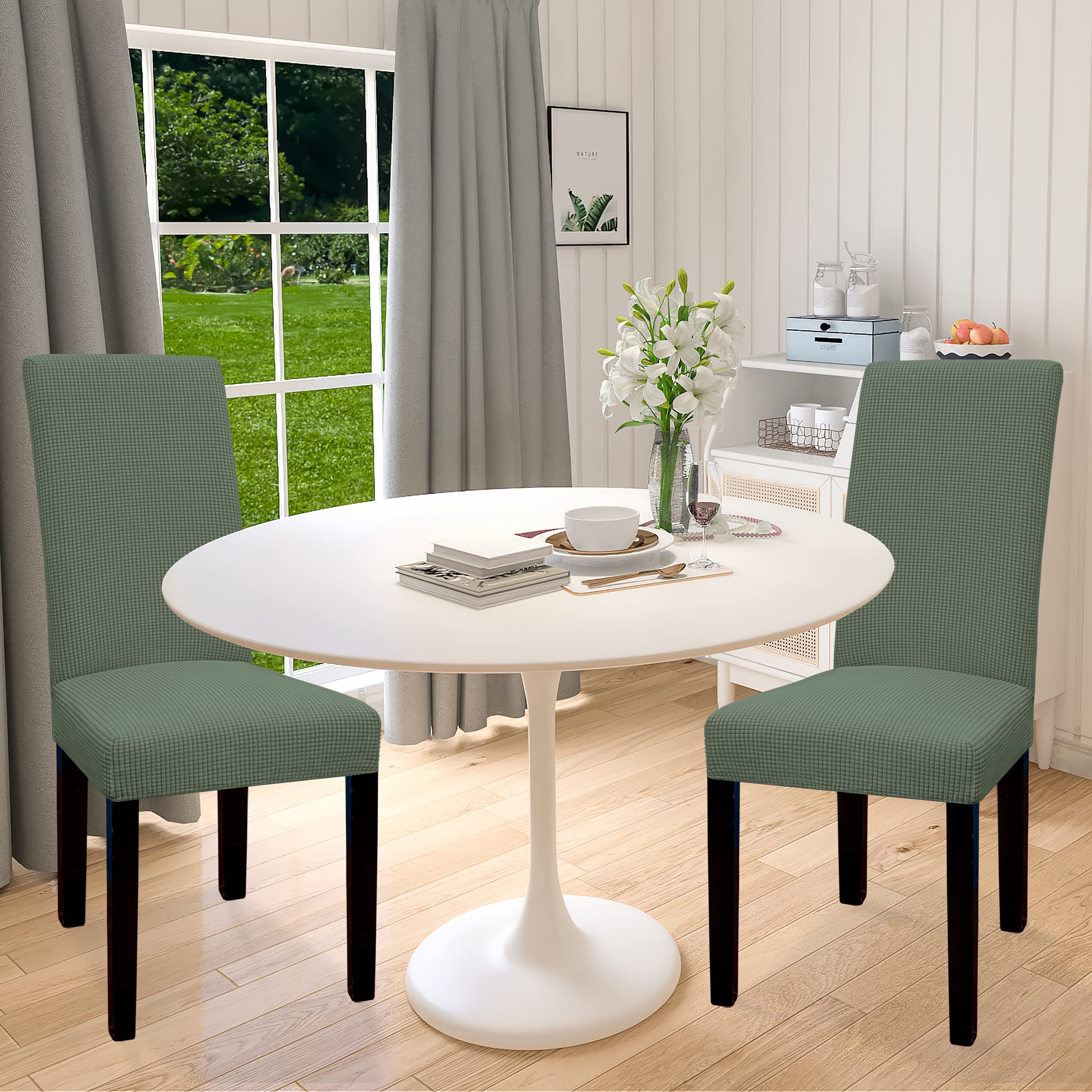 Easy-Going 100% Waterproof Dining Room Chair Cover Set Of 2, Stretch Jacquard Parson Chair Slipcover Removable Washable Chair Protector For Home, Restaurant, Banquet (Large, Grayish Green)