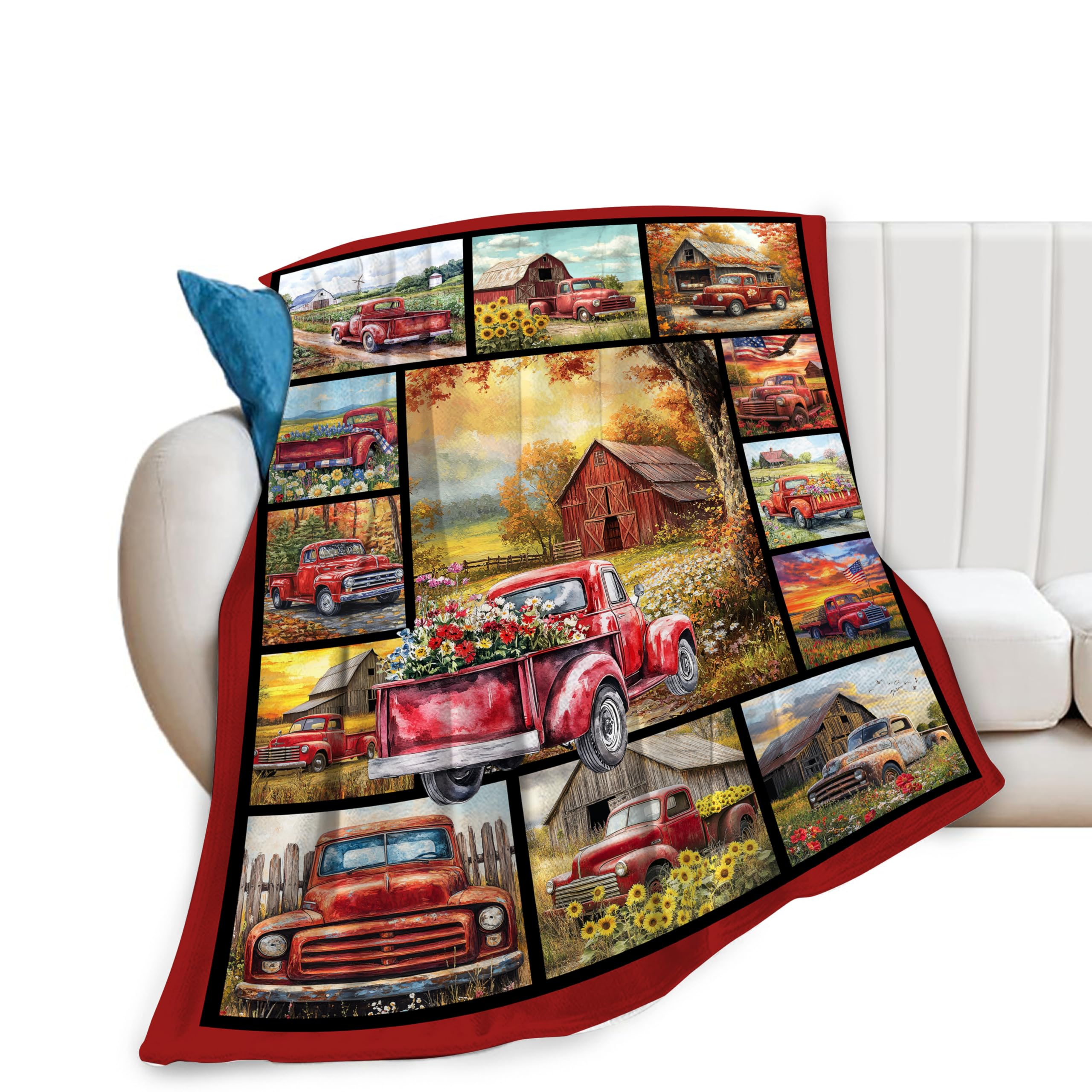 Red Trucks Blanket Gifts For Girls Boys Women Farm Flower Throw Blankets Farmhouse Old Barn Throws Truck Fleece Flannel Soft Lig
